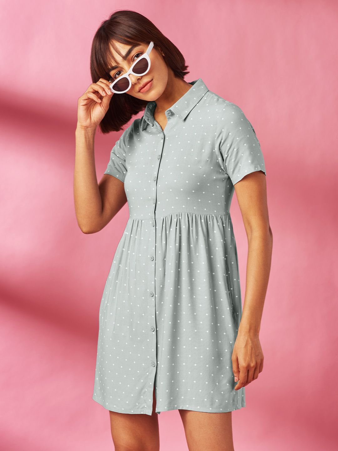 Buy Grey Polka Dot Gathered Dress Online