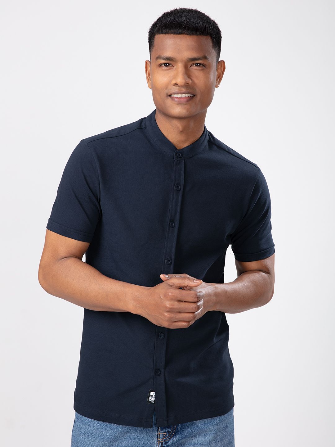 Solids Mandarin Knit Shirt: Navy Blue Knit Shirts