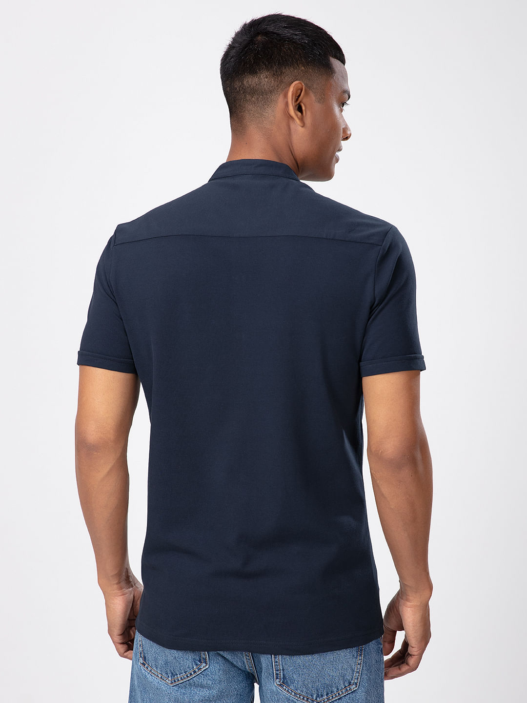 Buy Solids Mandarin Knit Shirt Navy Blue Shirts Online