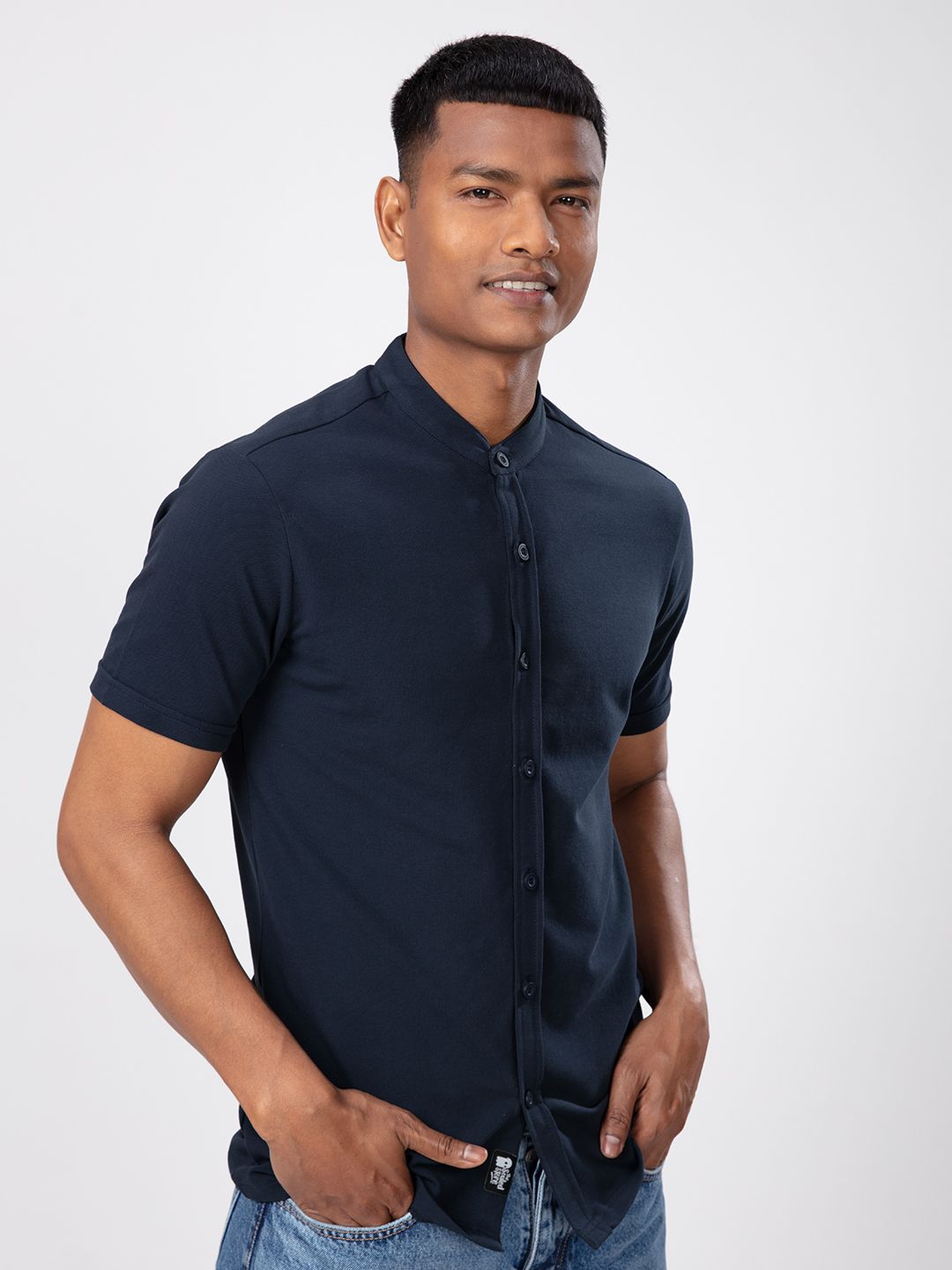 Solids Mandarin Knit Shirt: Navy Blue Knit Shirts price
