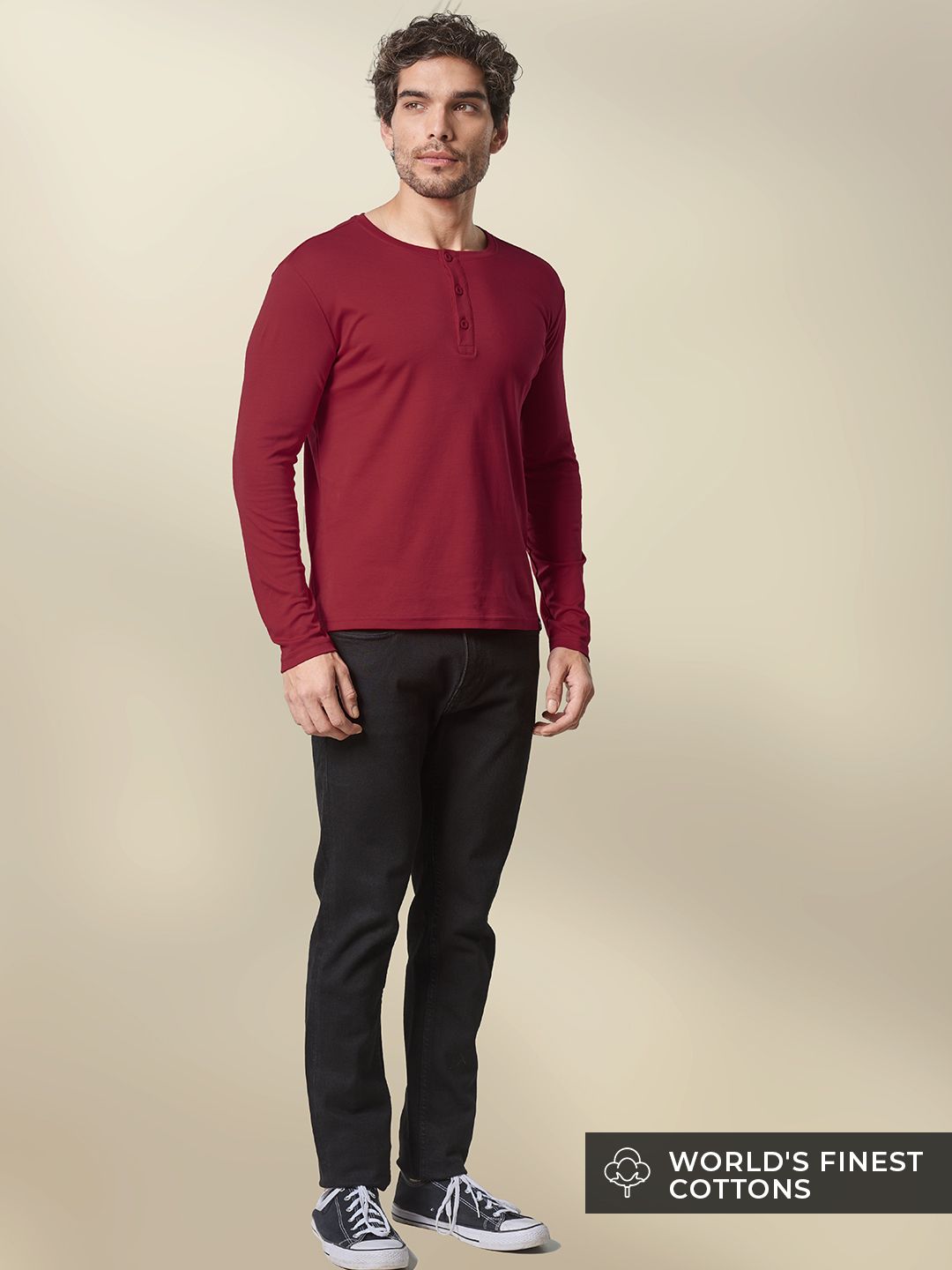 Supima: Burgundy Supima Full Sleeve Henley T-Shirts price