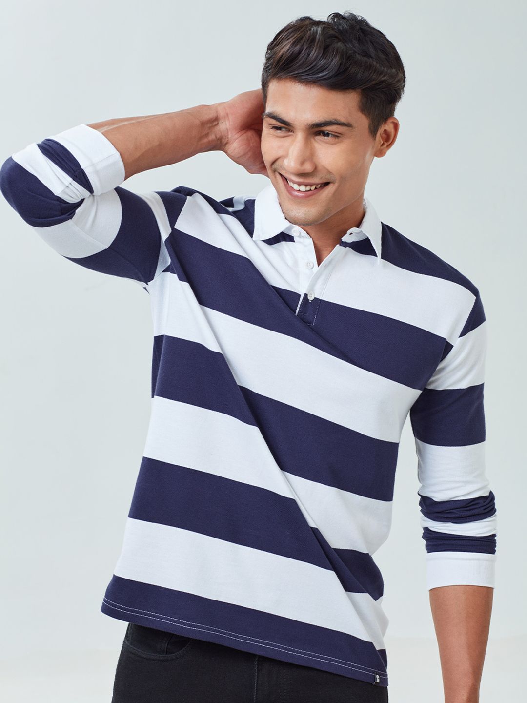 solids navy striped men rugby polos