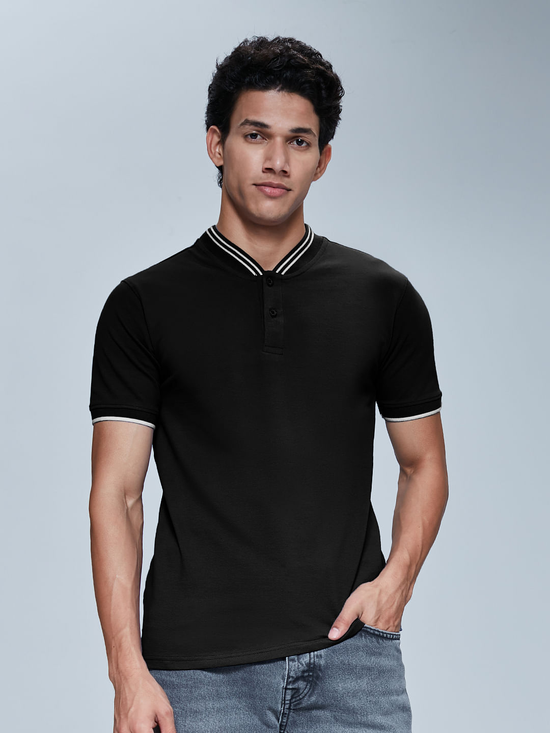 Buy Solids Midnight Black Bomber Neck Polos Online