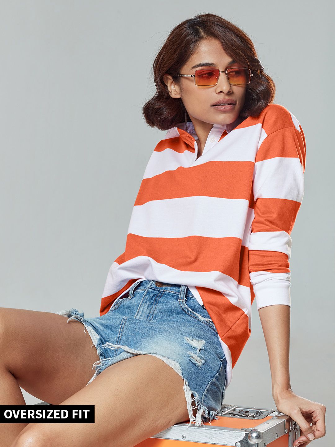 Buy Solids Orange Striped Womens Rugby Polos Online