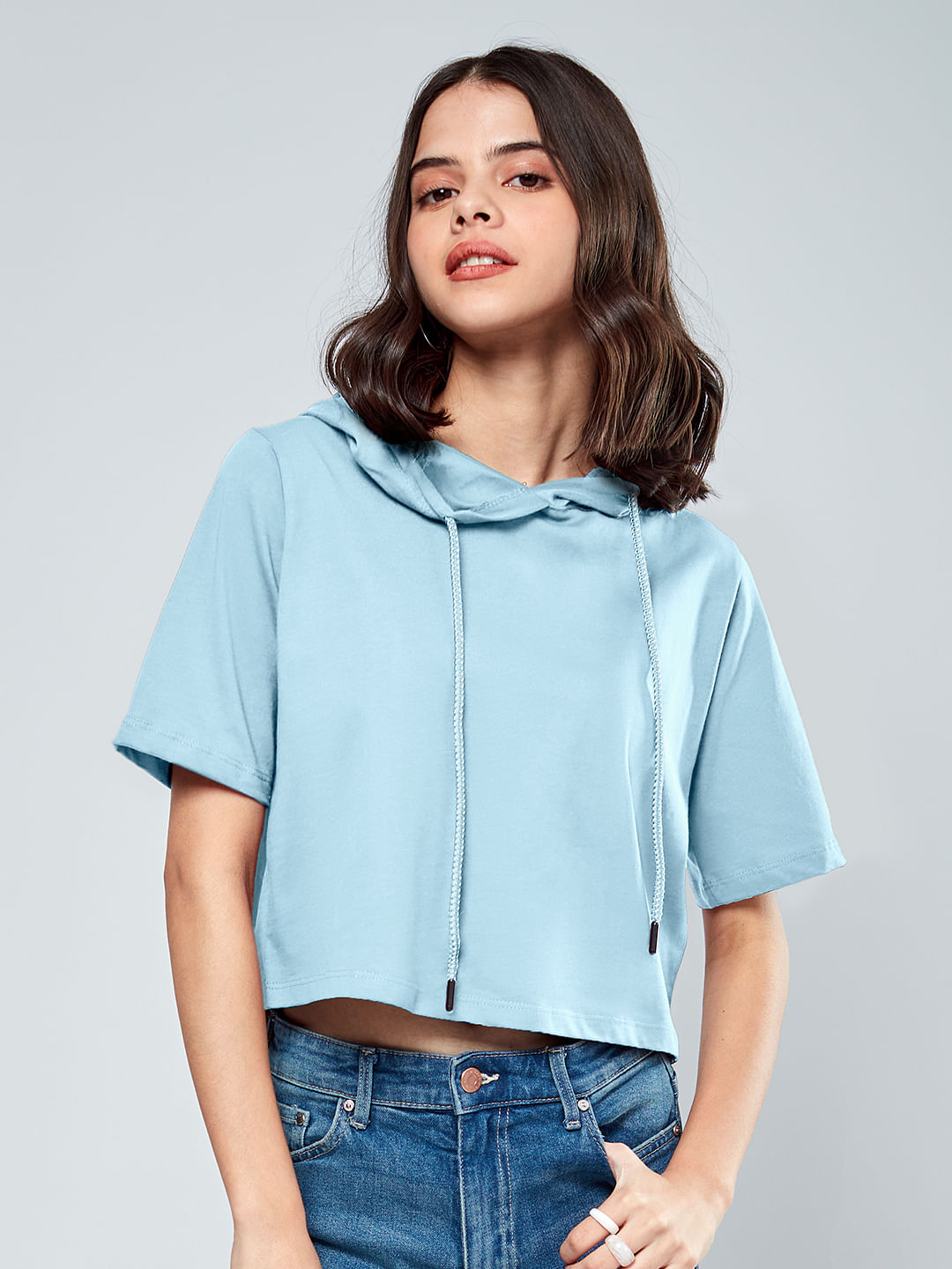 Buy Solids Powder Blue Women Cropped Hooded T Shirts Online