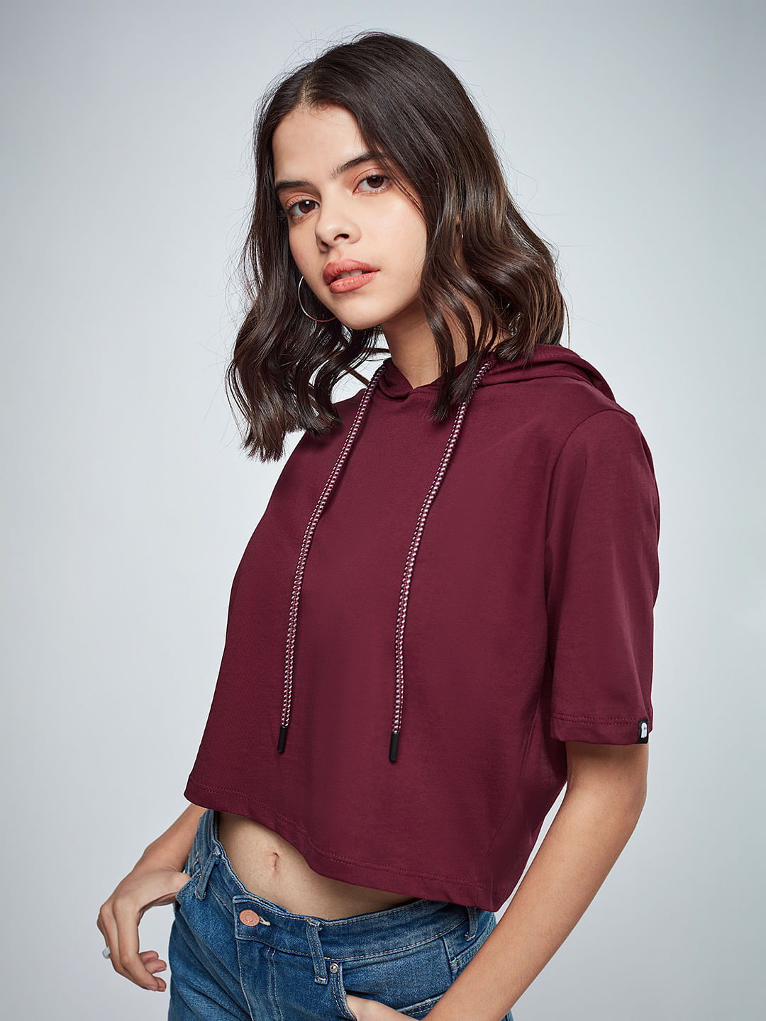 Buy Solids: Burgundy Women Cropped Hooded T-Shirts Online