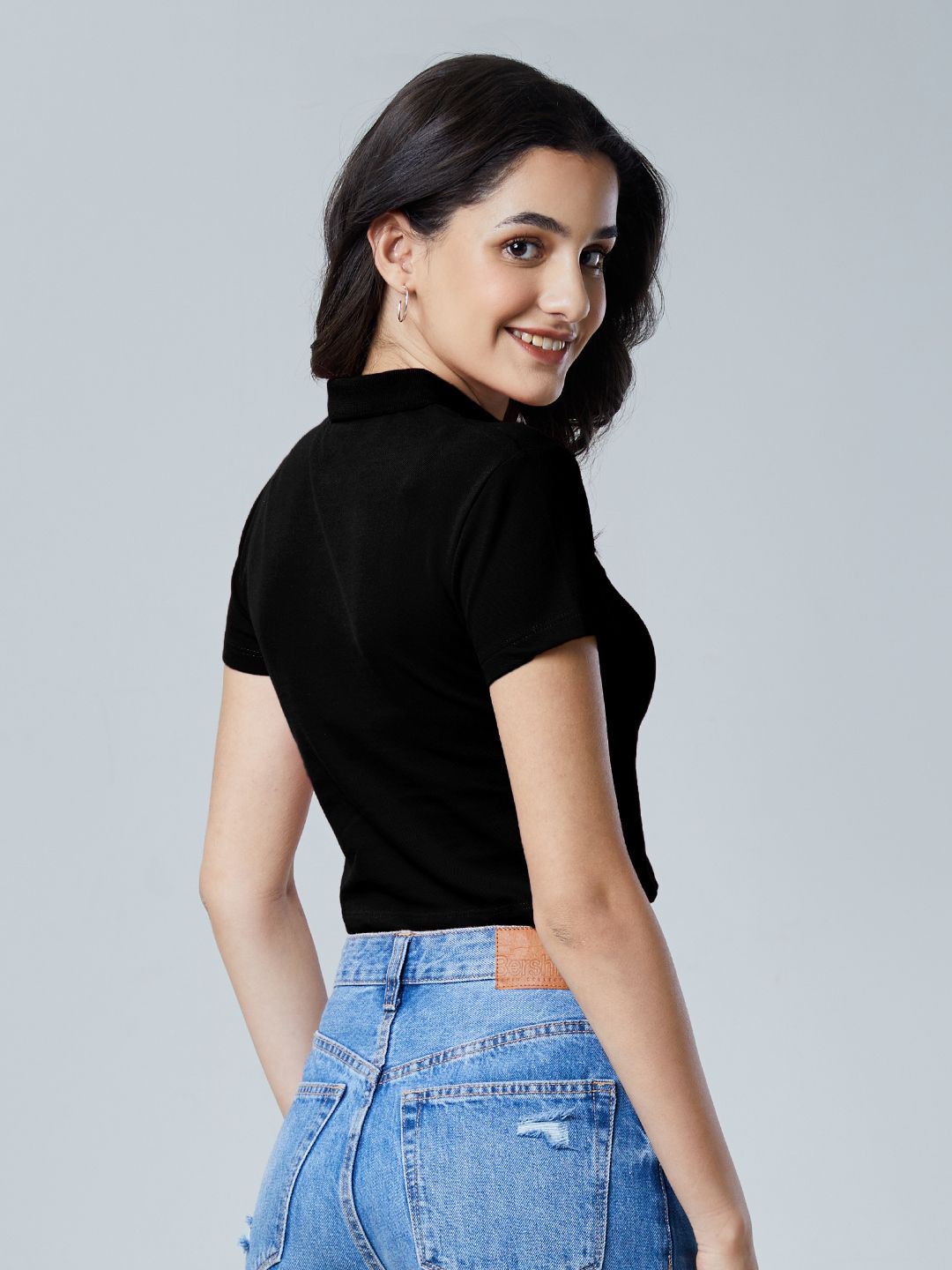 Buy Solids Black Women Cropped Polos Online