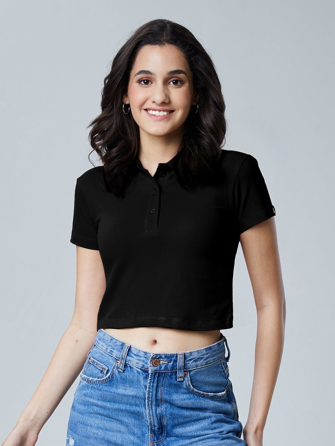 Buy Solids Black Women Cropped Polos Online