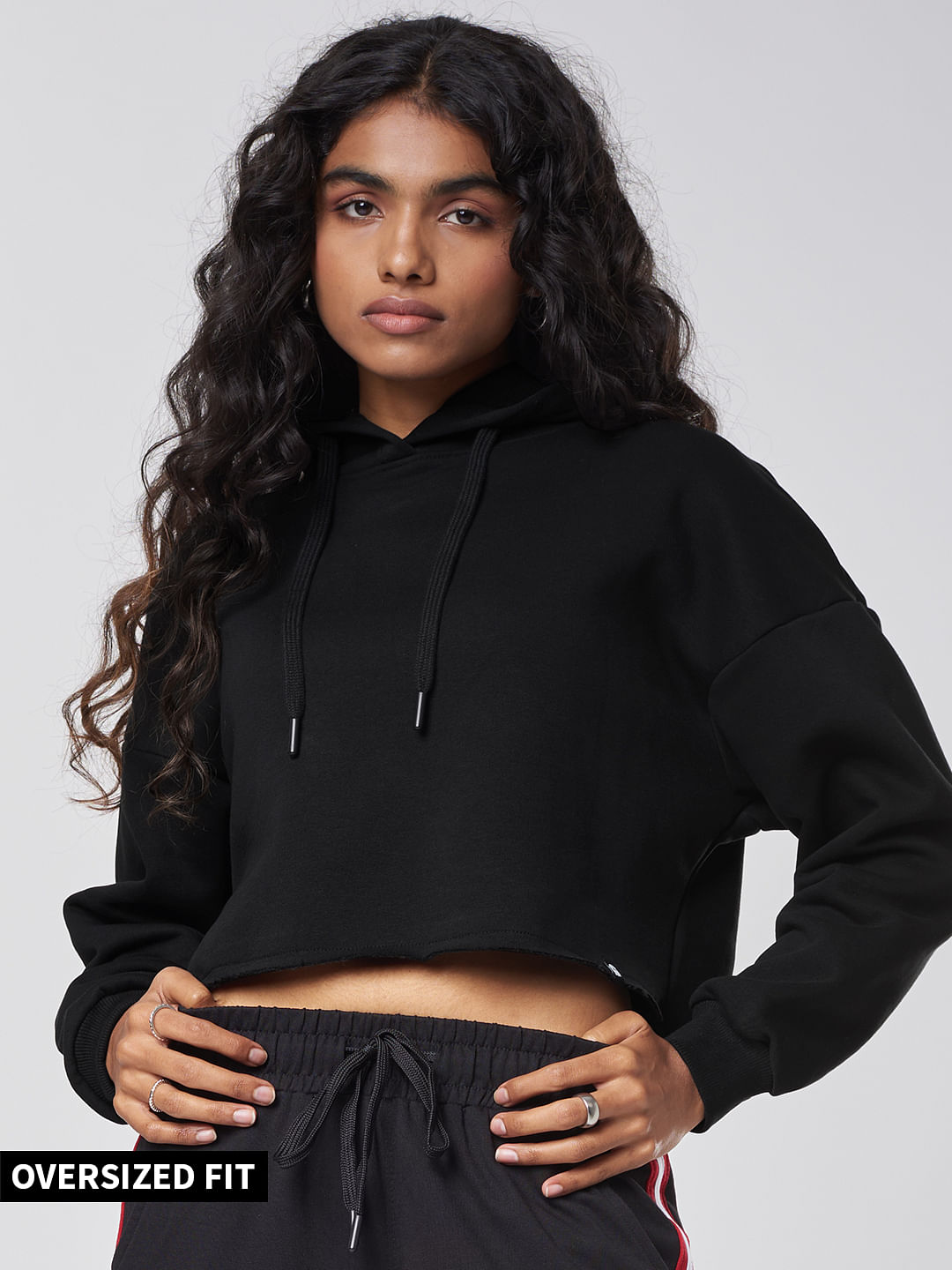 Buy Official Solids: Black Women Cropped Oversized Hoodies Online