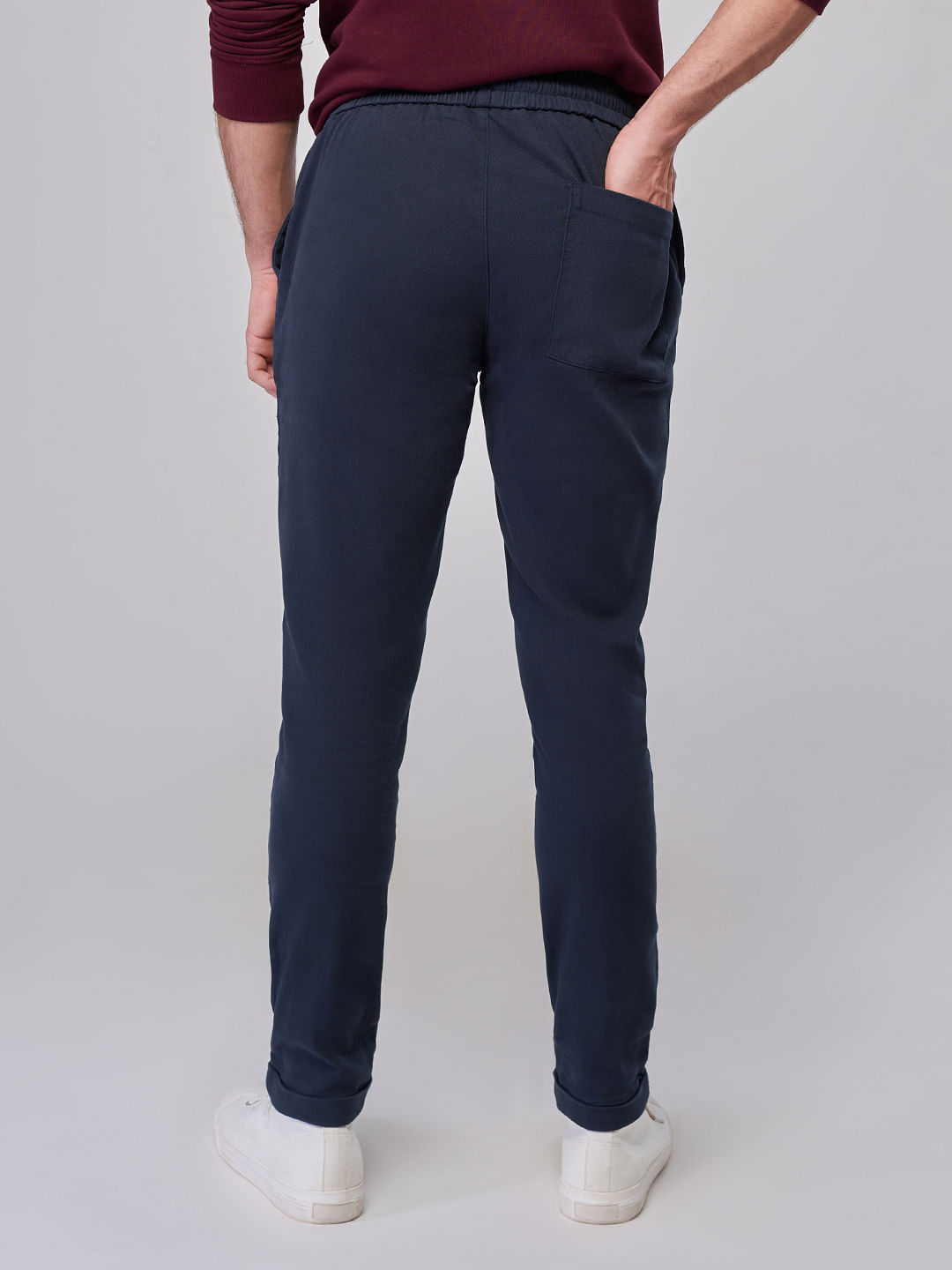 Buy Solids Navy Blue Cotton Stretch Structured Pants Online