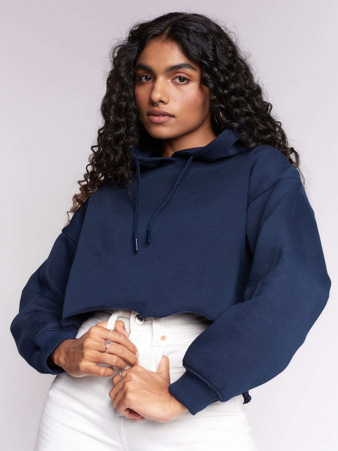 Buy Official Solids: Navy Blue Women Cropped Oversized Hoodies Online