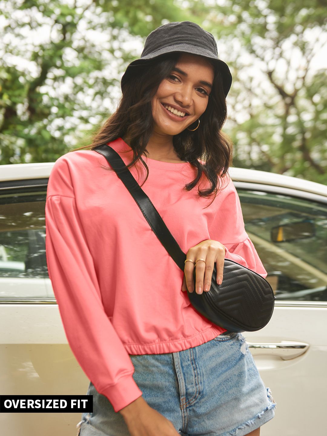 Buy Official Solids Fresh Pink Women Pleated Sleeve Sweatshirts Online