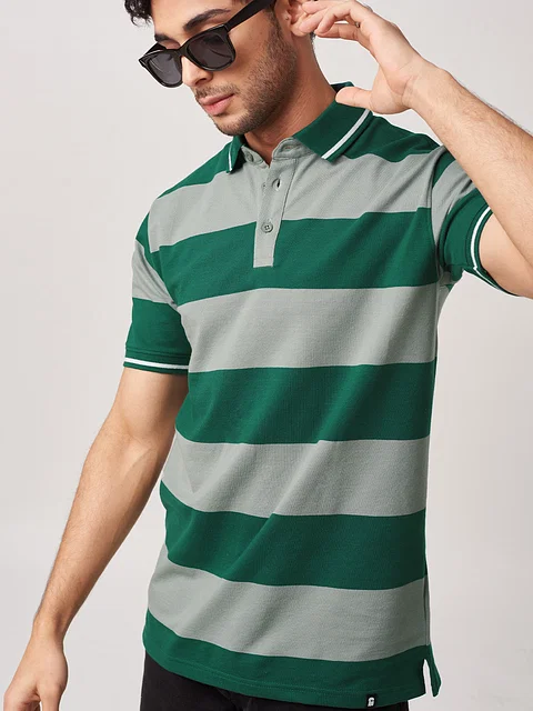 Buy Solids: Sage Green Striped Polos T-shirts