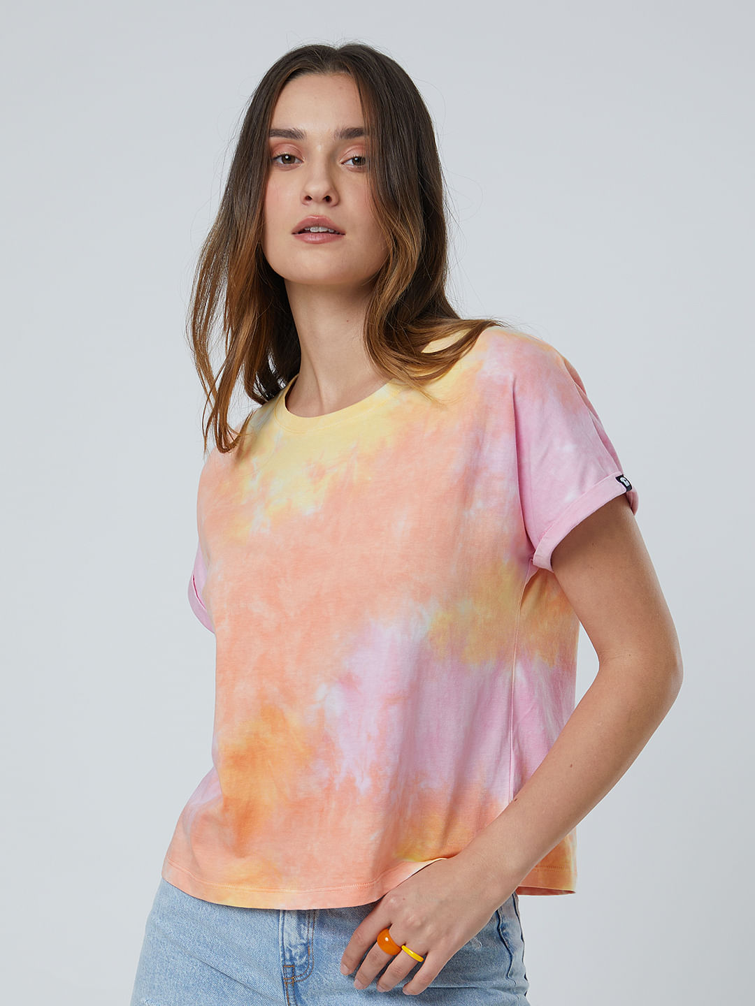 Yskkt Womens Tie Dye 3/4 Sleeve T-Shirt Plus Size Round Neck High Low Loose Casual Tunic Tops 