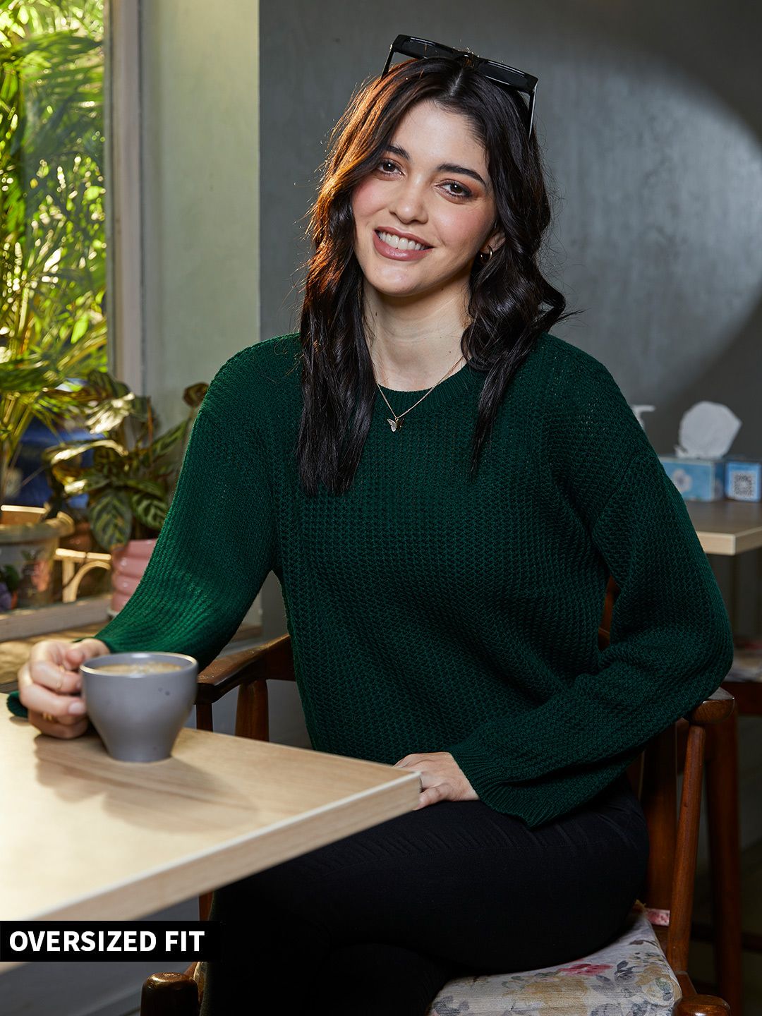 Oversized Knits: Emerald Green Women Chunky Knit Sweaters Online