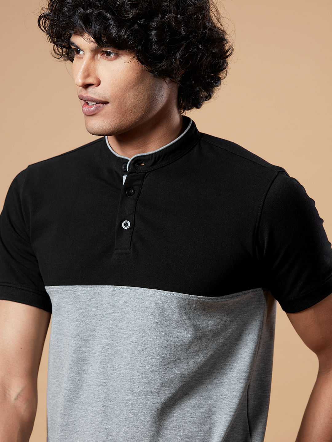 Buy Solid Mandarin Polo: Black & Grey T-shirt Online.