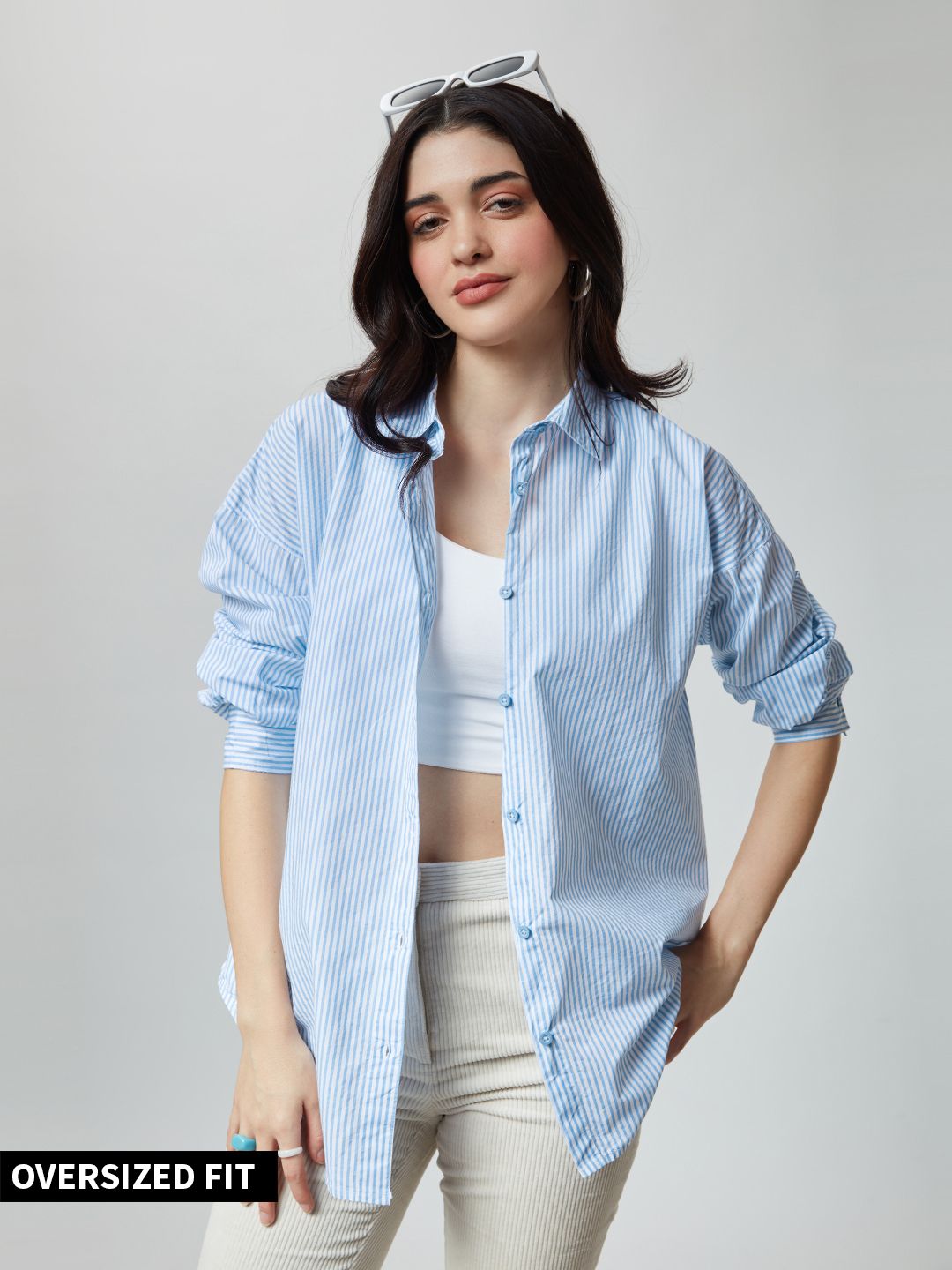 Buy Solids Blue Stripes Boyfriend Shirt Womens Online