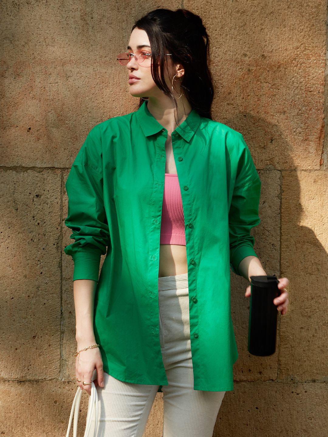 Buy Hot Pink Solid Boyfriend Shirt Online