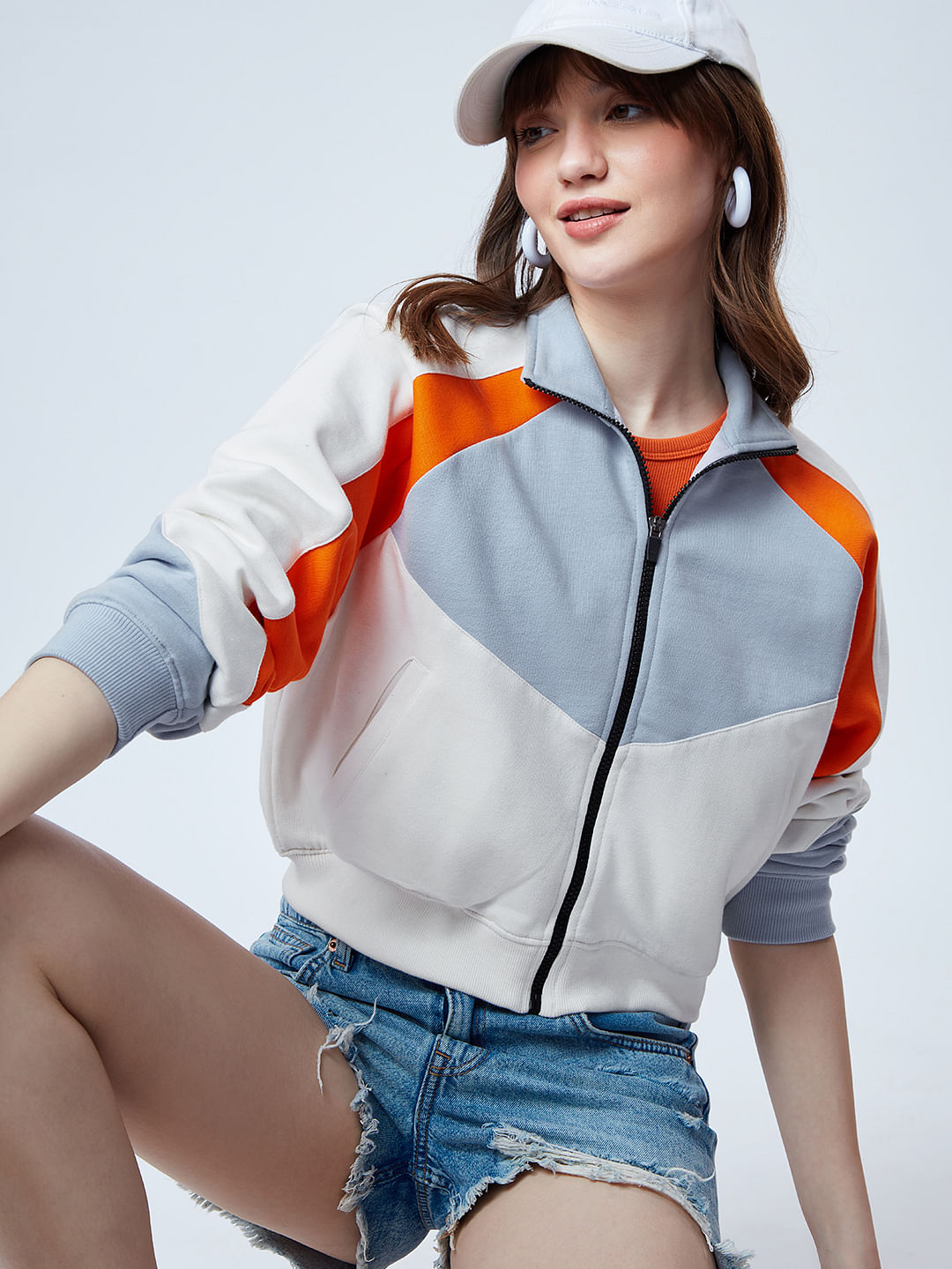 Buy Official Solids: Blue, Orange, White Colourblock Women Jacket Online