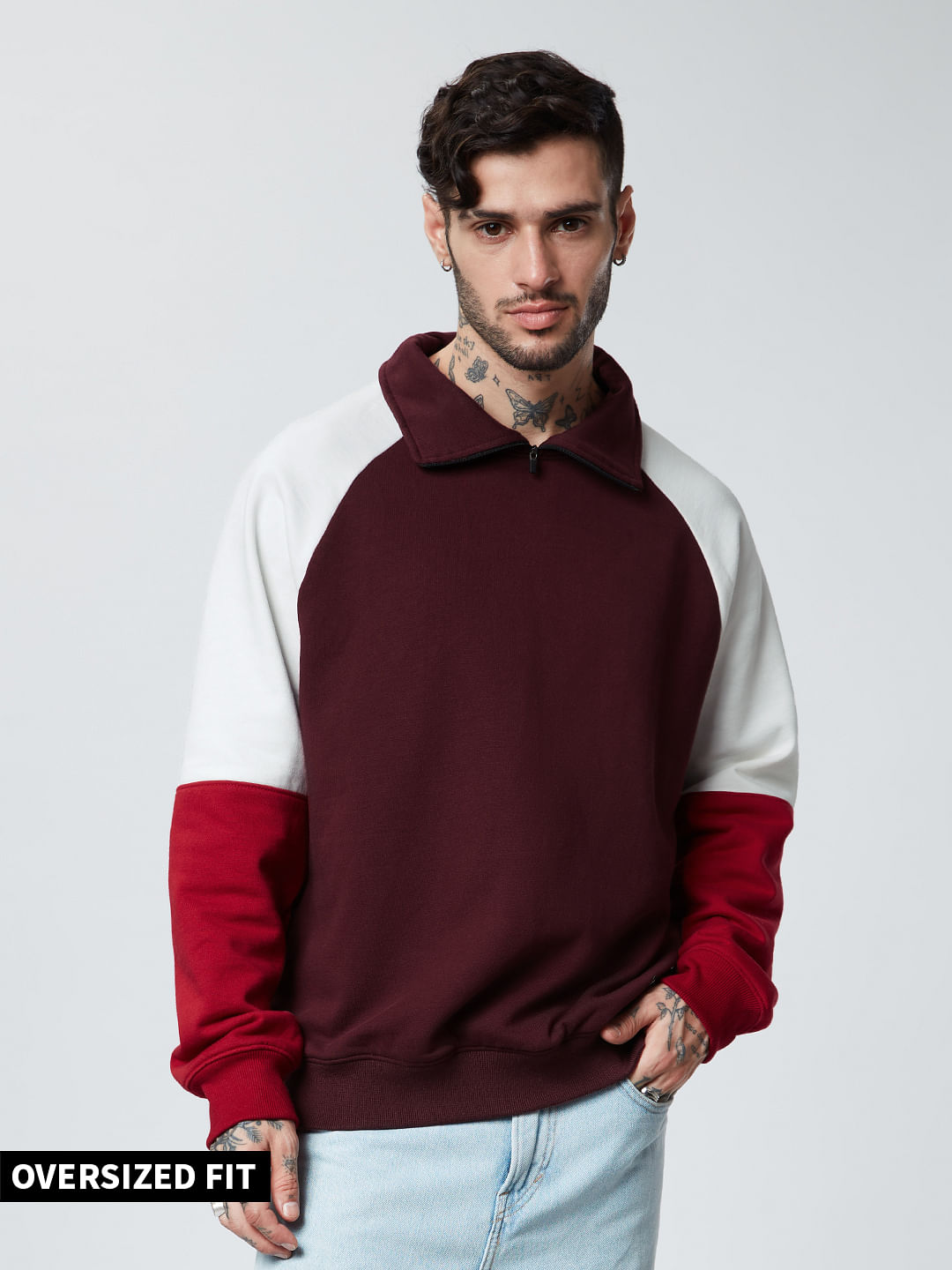 Buy Solids: White, Red Colourblock Mens Sweatshirt Online