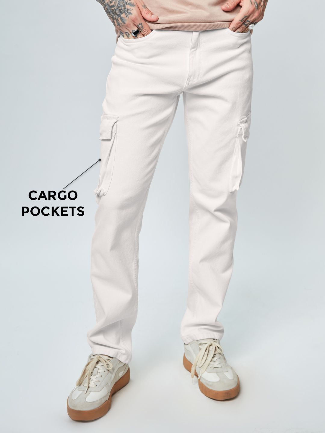 Buy Solids: Off-White (Straight Fit) Men Cargo Jeans Online