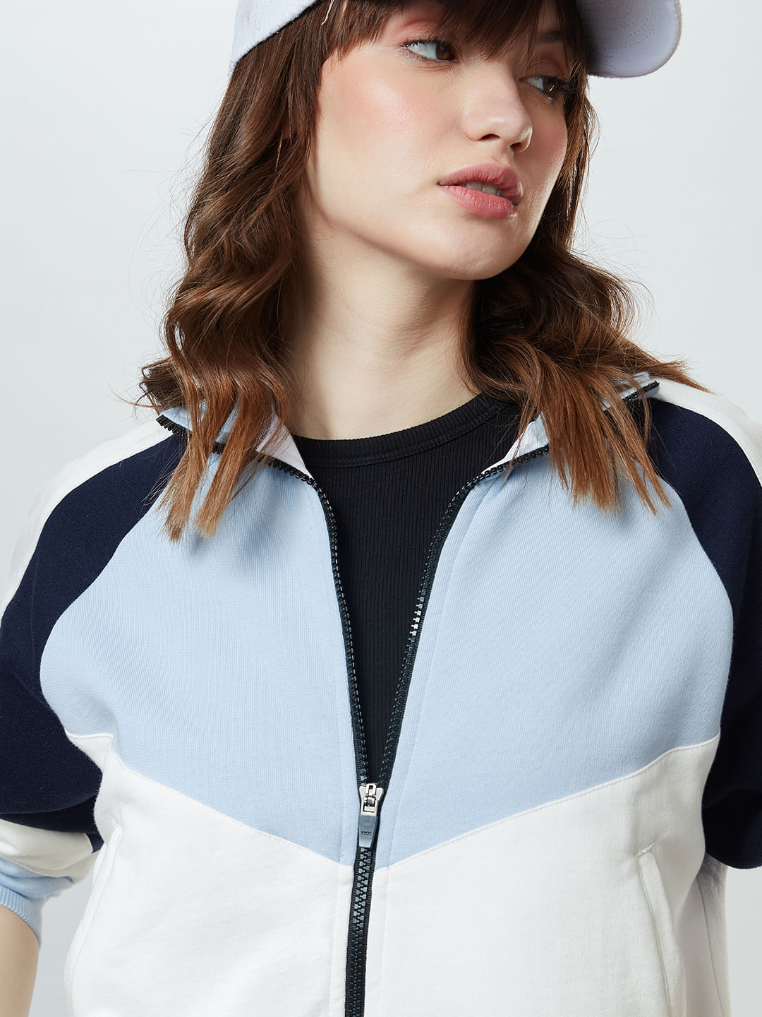 Buy Official Solids: White, Navy Colourblock Women Jacket Online