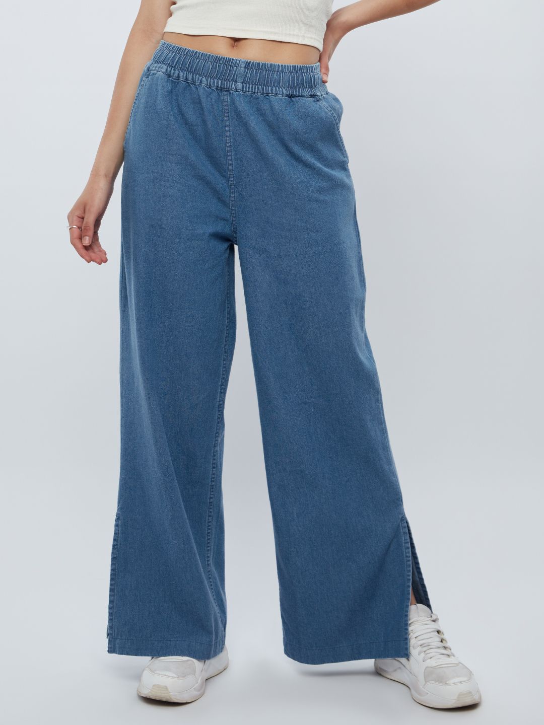 Buy Solids Mid Blue Women's Flared Pants Online