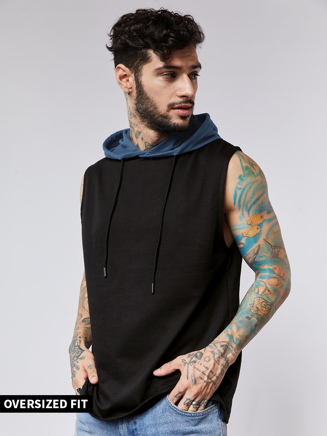 Buy Colourblock Black & Denim Blue Men Hooded Vest Online.