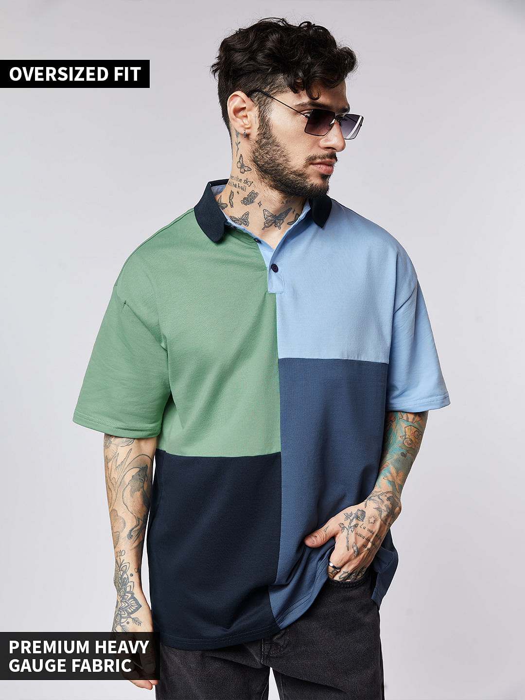 Buy Solids: Denim Blue Colourblock Oversized Polo Online