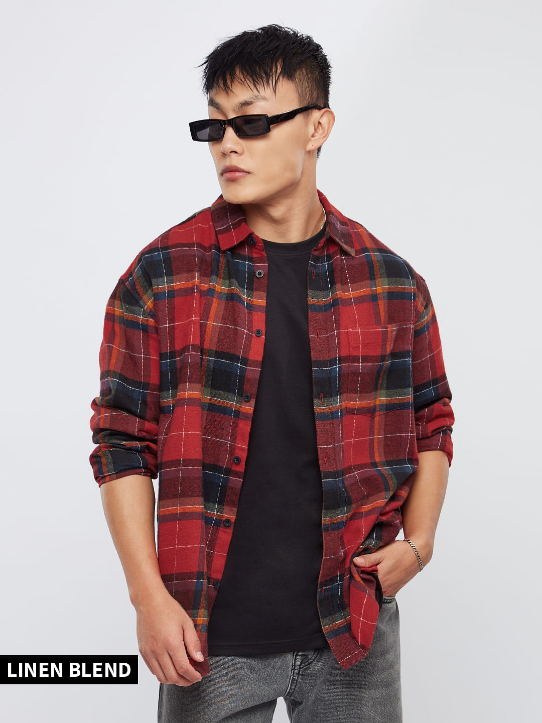 Buy Plaid: Grey Red And Black Relaxed Shirt Online