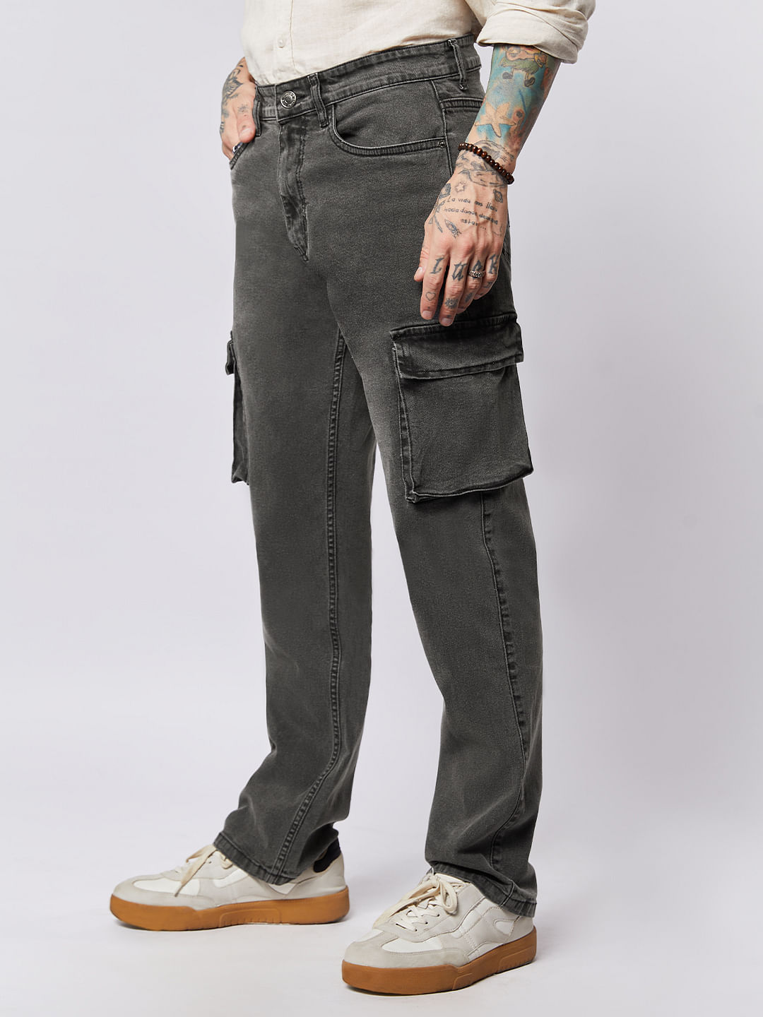 Buy Solids: Ash Grey (Straight Fit) Cargo Pants Online