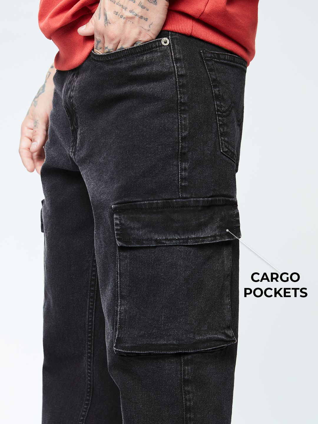 Solids: Black Cloud Wash (Straight Fit) Men Cargo Jeans price