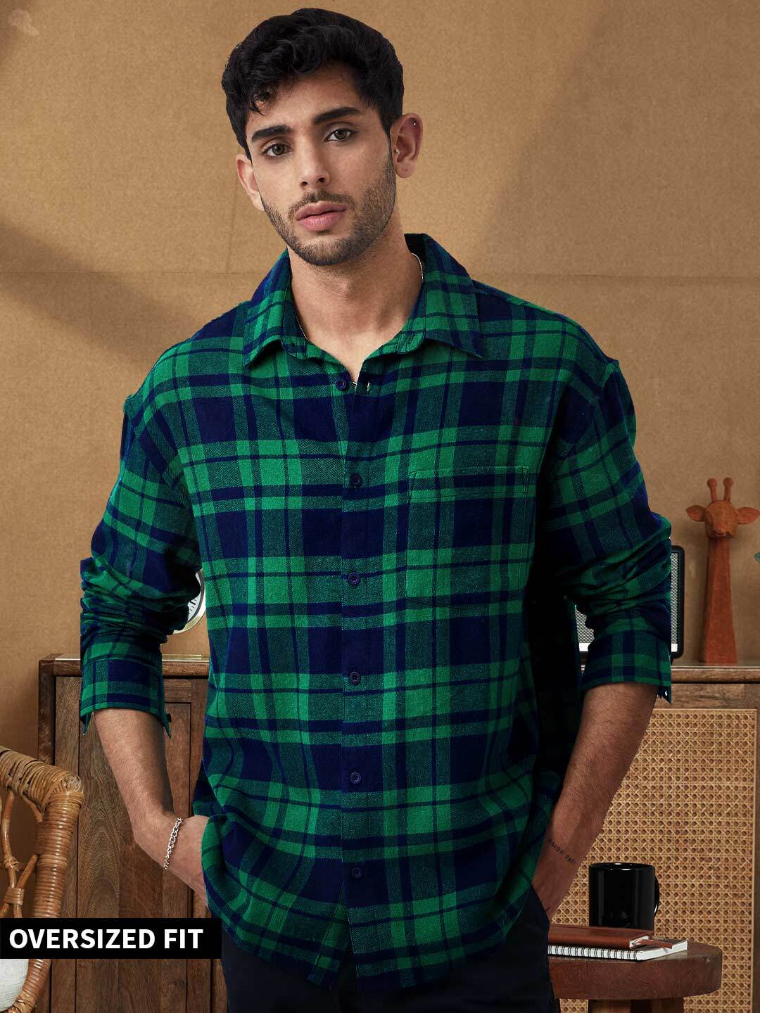 Buy Plaid: Green And Blue Men Oversized Shirts Online