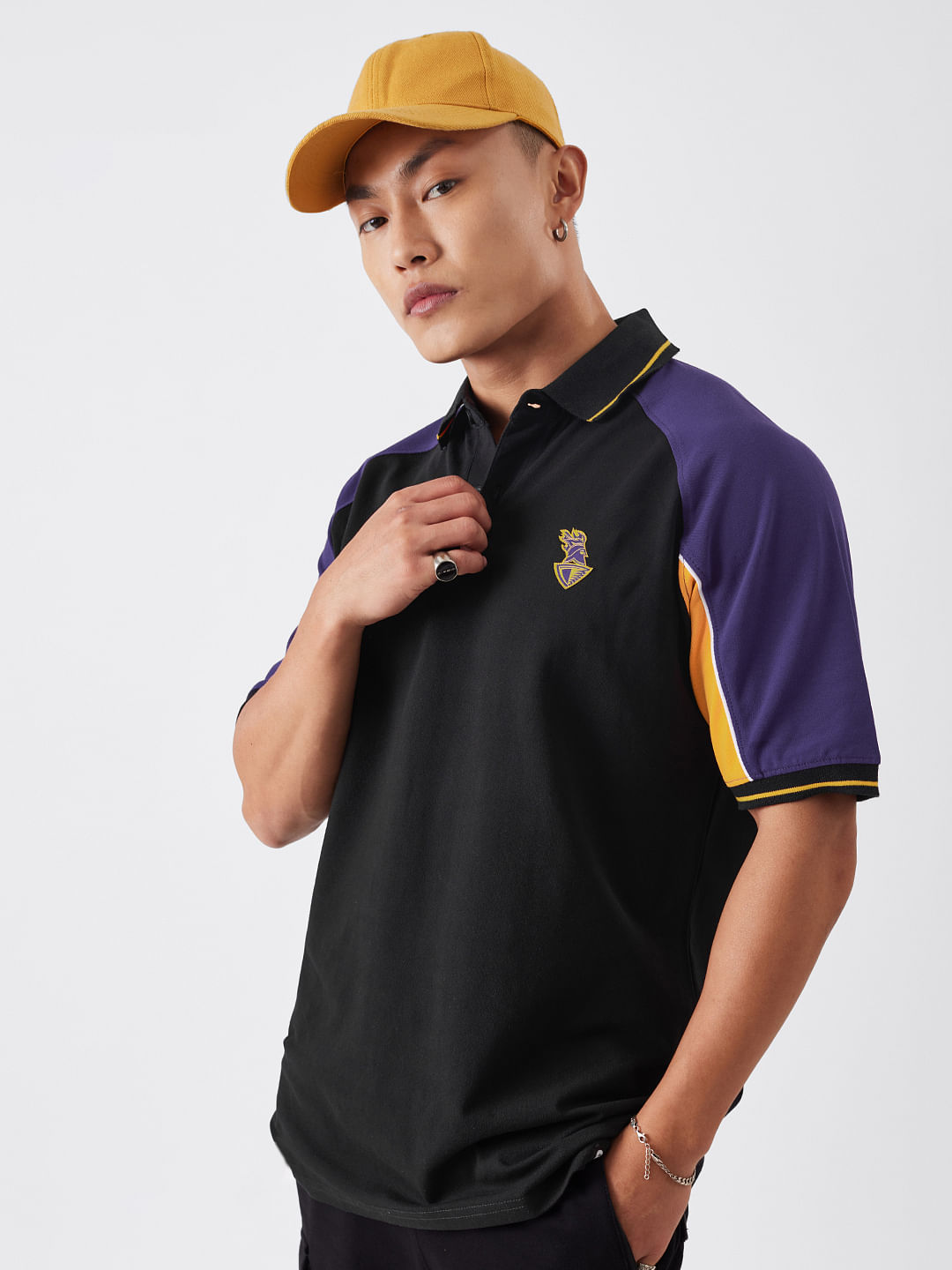 Buy KKR: Colourblock (Black and Purple) Men Polos T-shirts Online.
