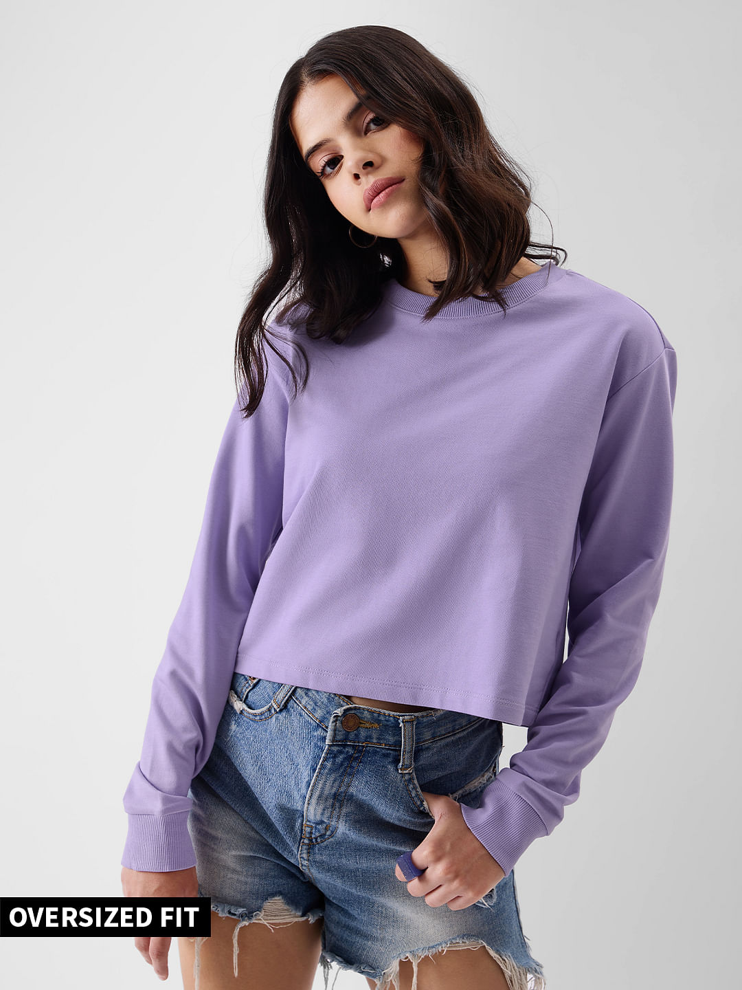 Buy Solids Deep Lavender Womens Oversized Crop Top Online