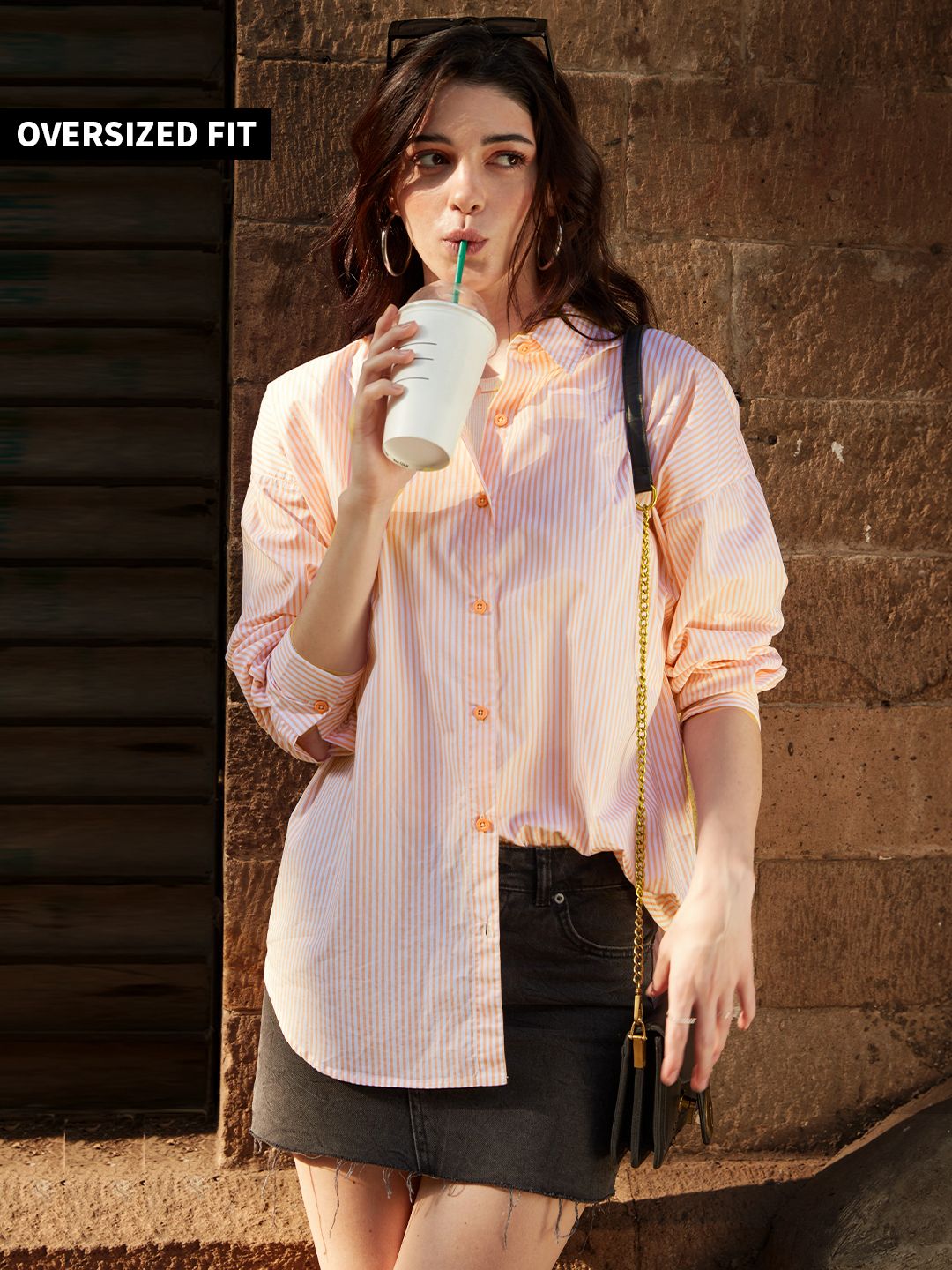 Buy Solids Pink Stripes Boyfriend Shirt Womens Online