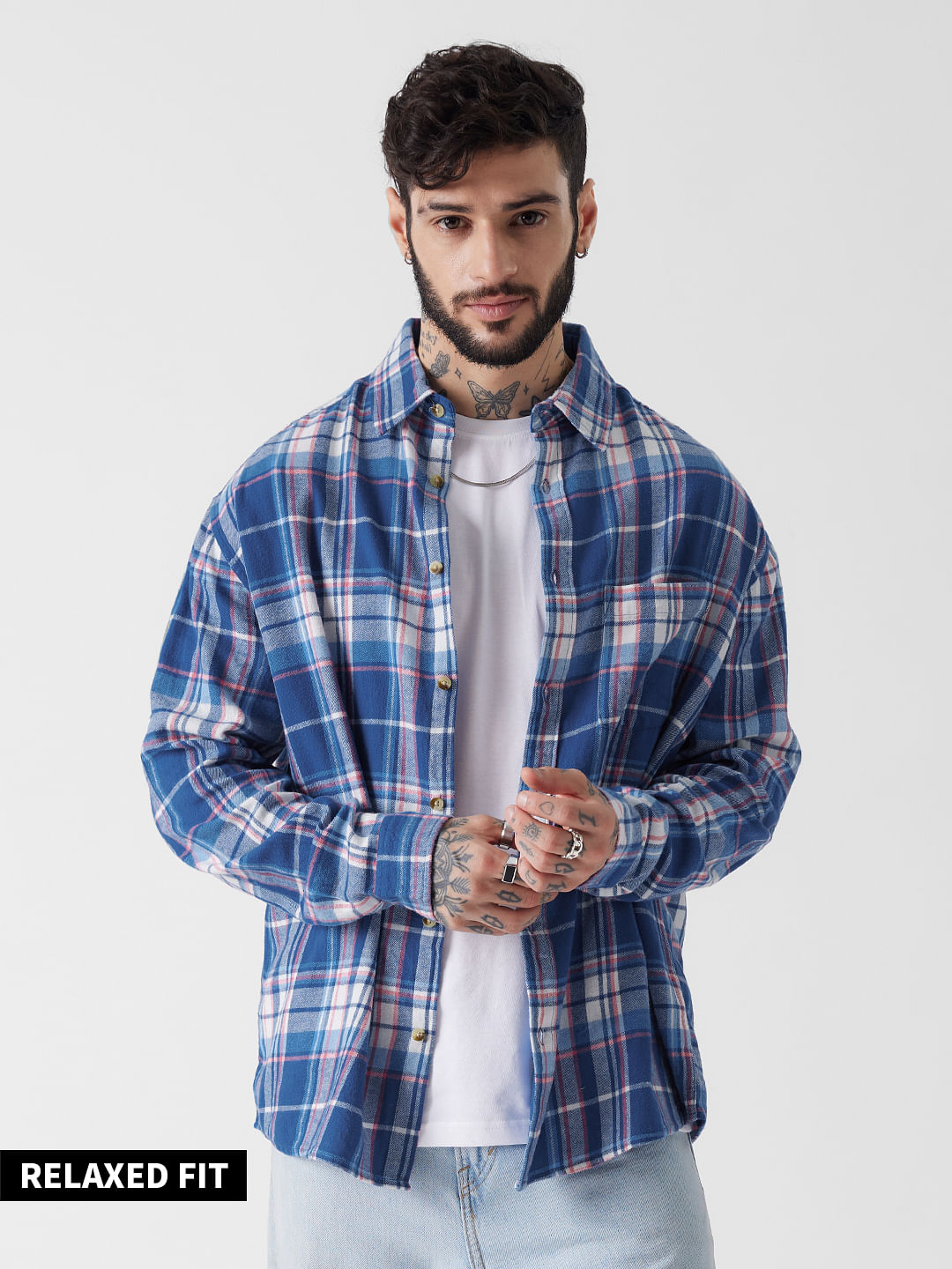 Buy Plaid: Blue Pink and White Men Utility Shirt Online