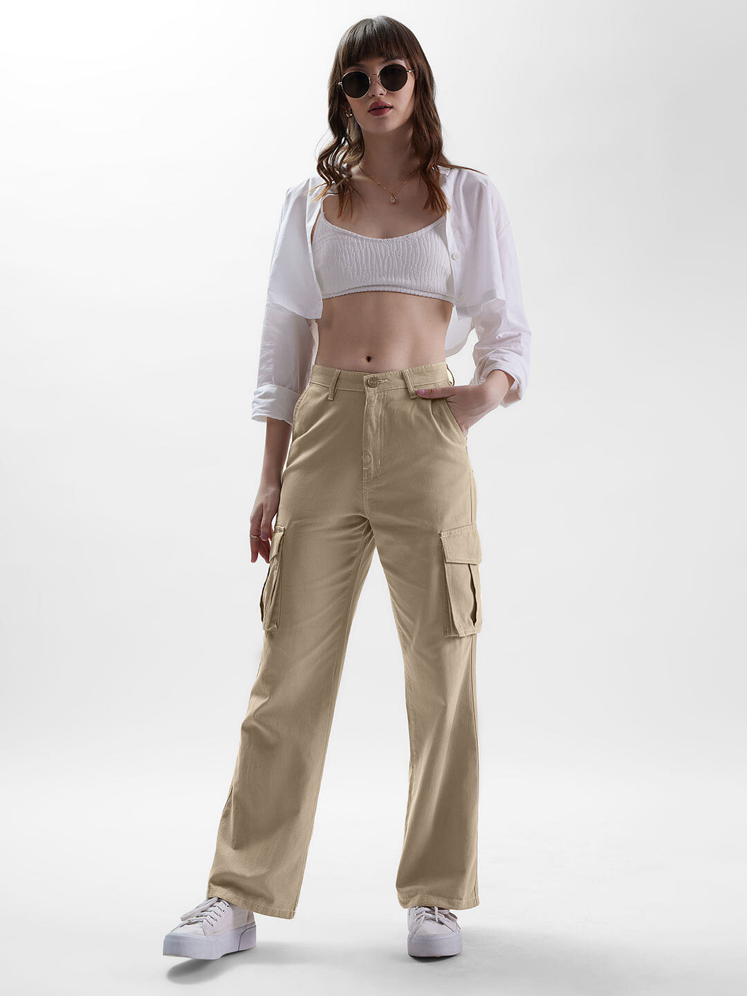 Buy Solids: Light Beige Women Cargo Pants Online