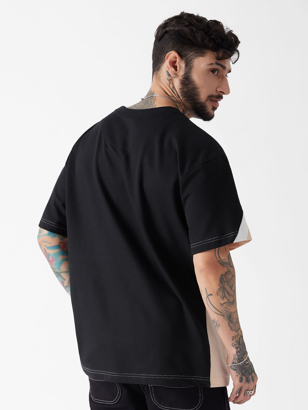 Buy Solids: Peach & Black (Utility) Oversized T-Shirts Online