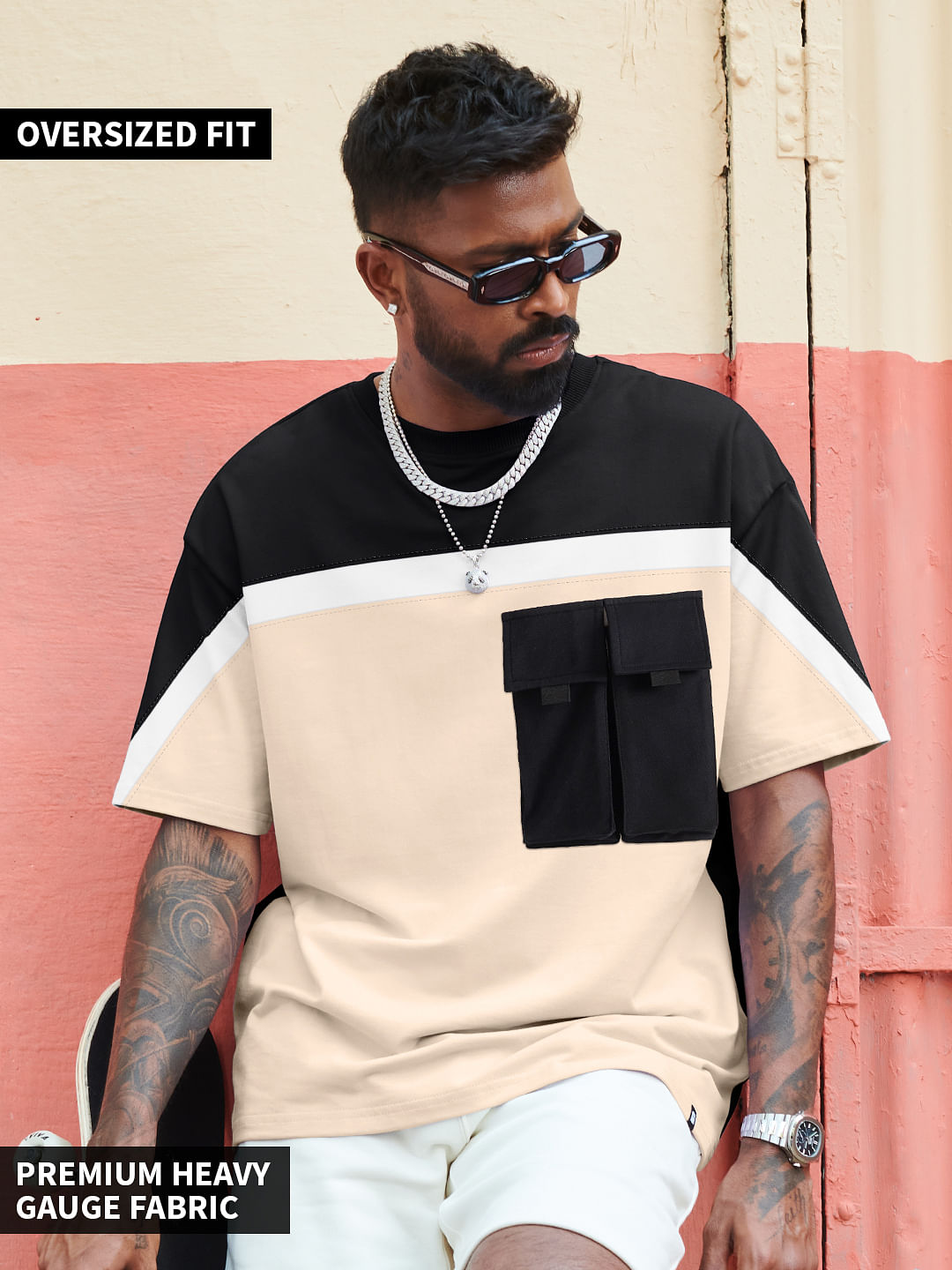 Buy Solids: Peach & Black (Utility) Oversized T-Shirts Online