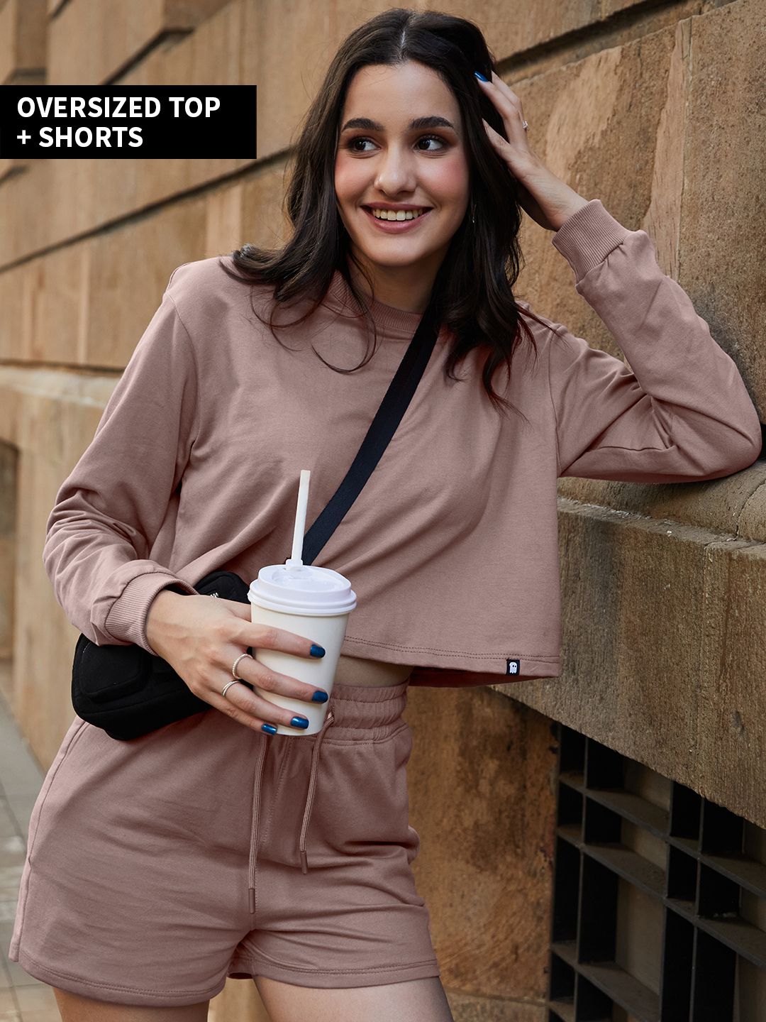 Women's V Neck Knee Length 3/4 Sleeves Solid Rayon Co-Ords Set (Brown)