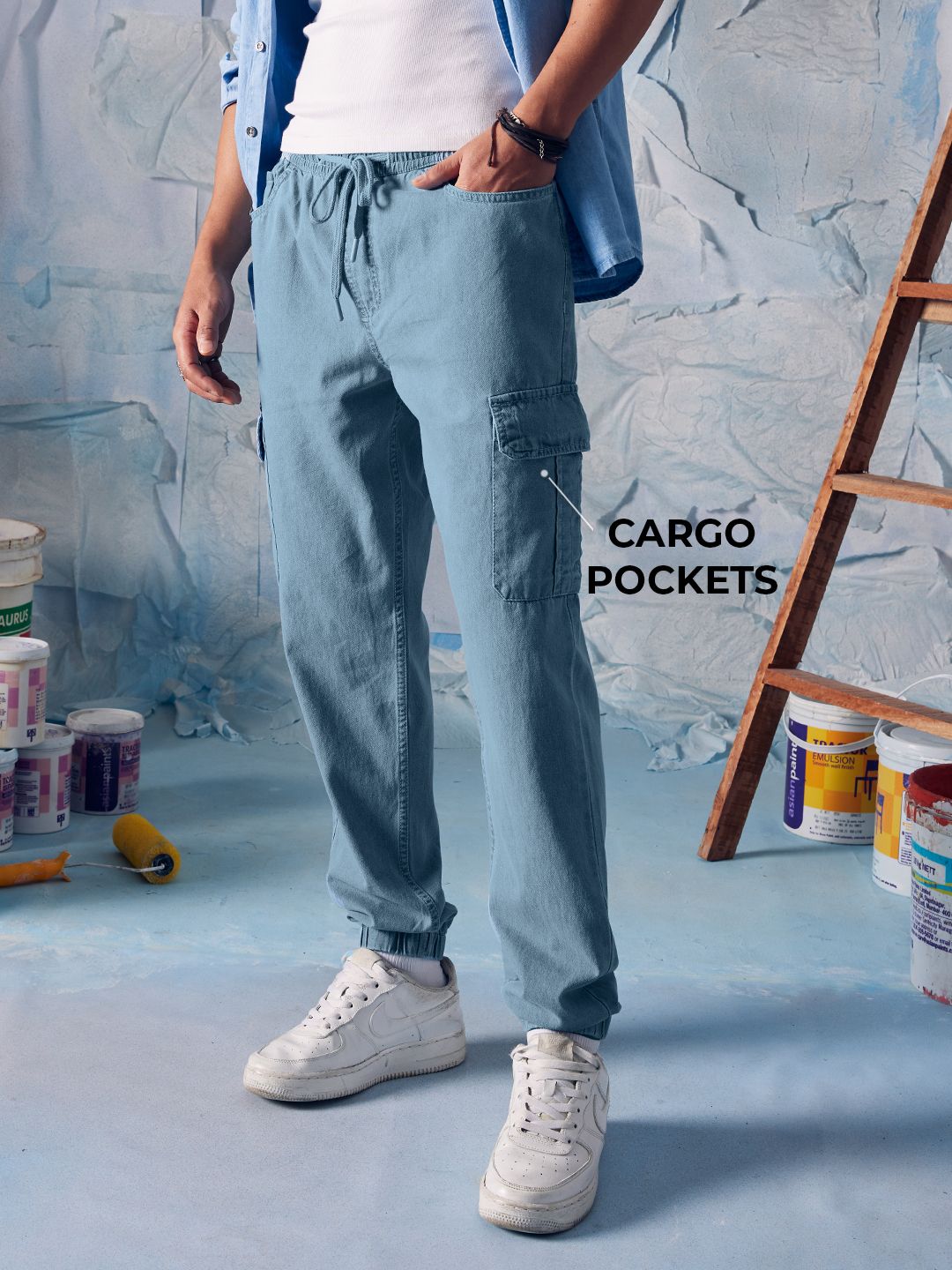 Buy Solids Cargo Azure Blue Men Cargo Joggers Online