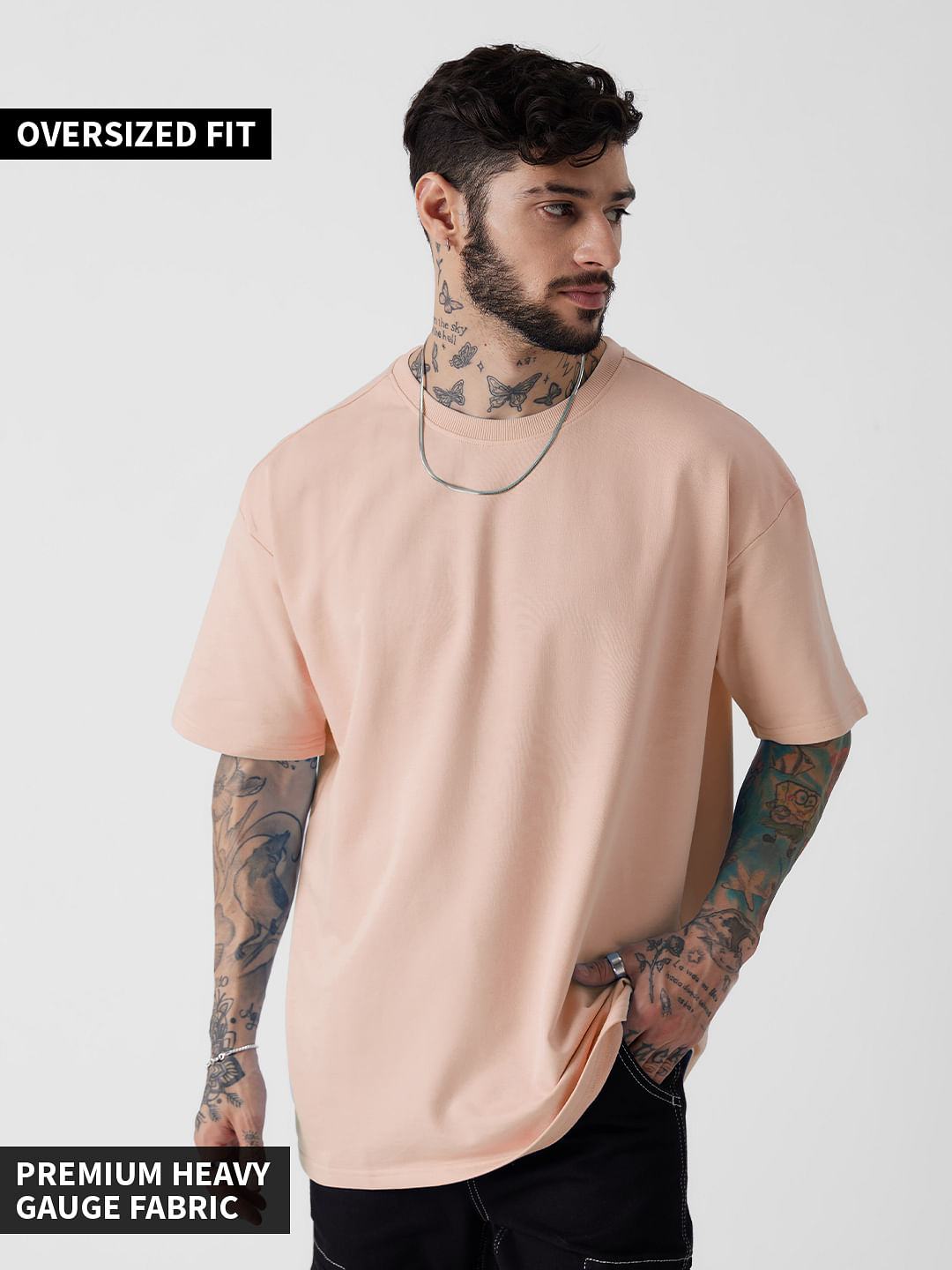 The Souled StoreNude Pink Color Round Neck T-Shirt Solid Oversized