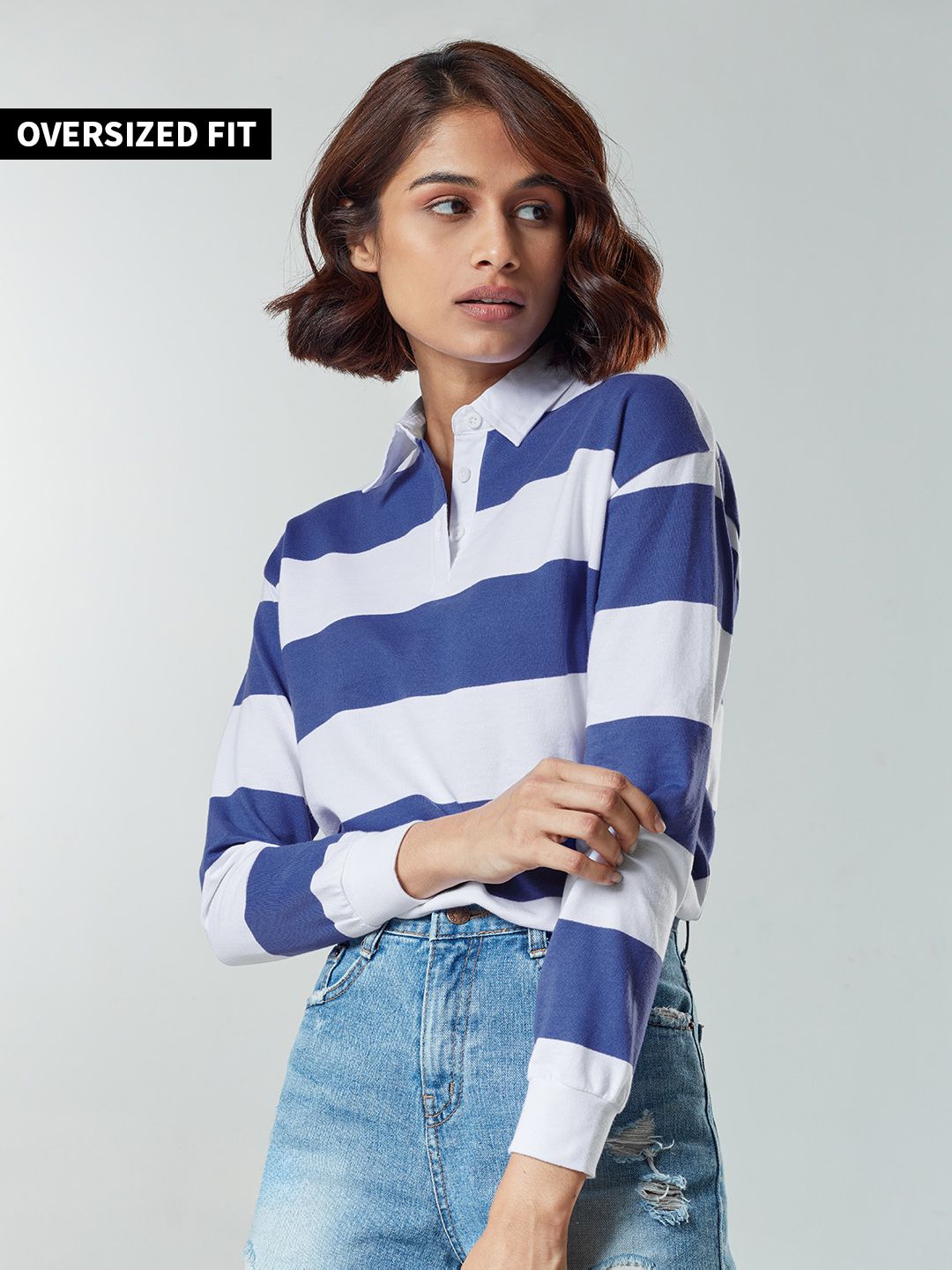 Buy Solids Blue Striped Womens Rugby Polos Online
