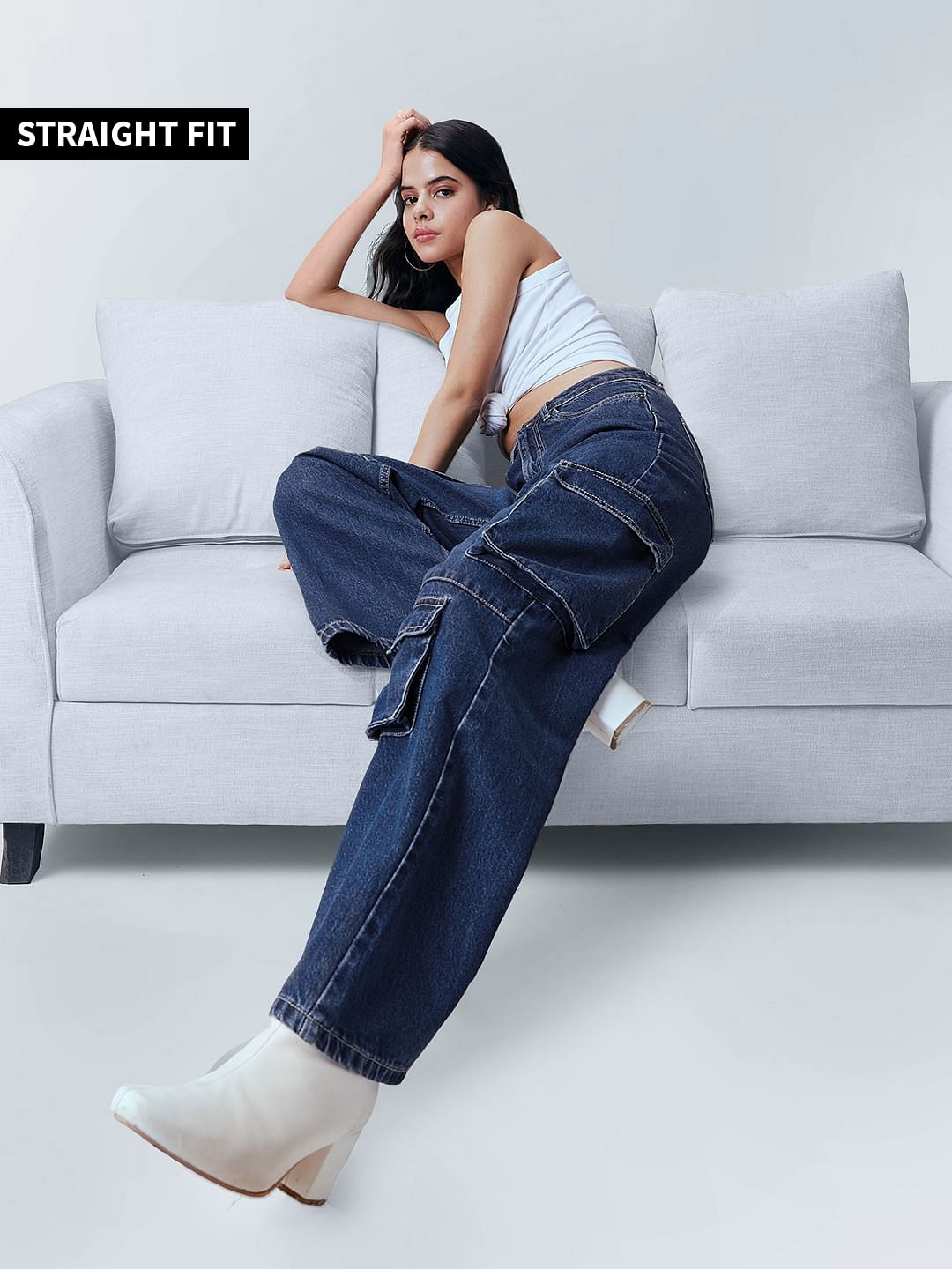 Buy Solids: Mid Blue Women Cargo Jeans Online
