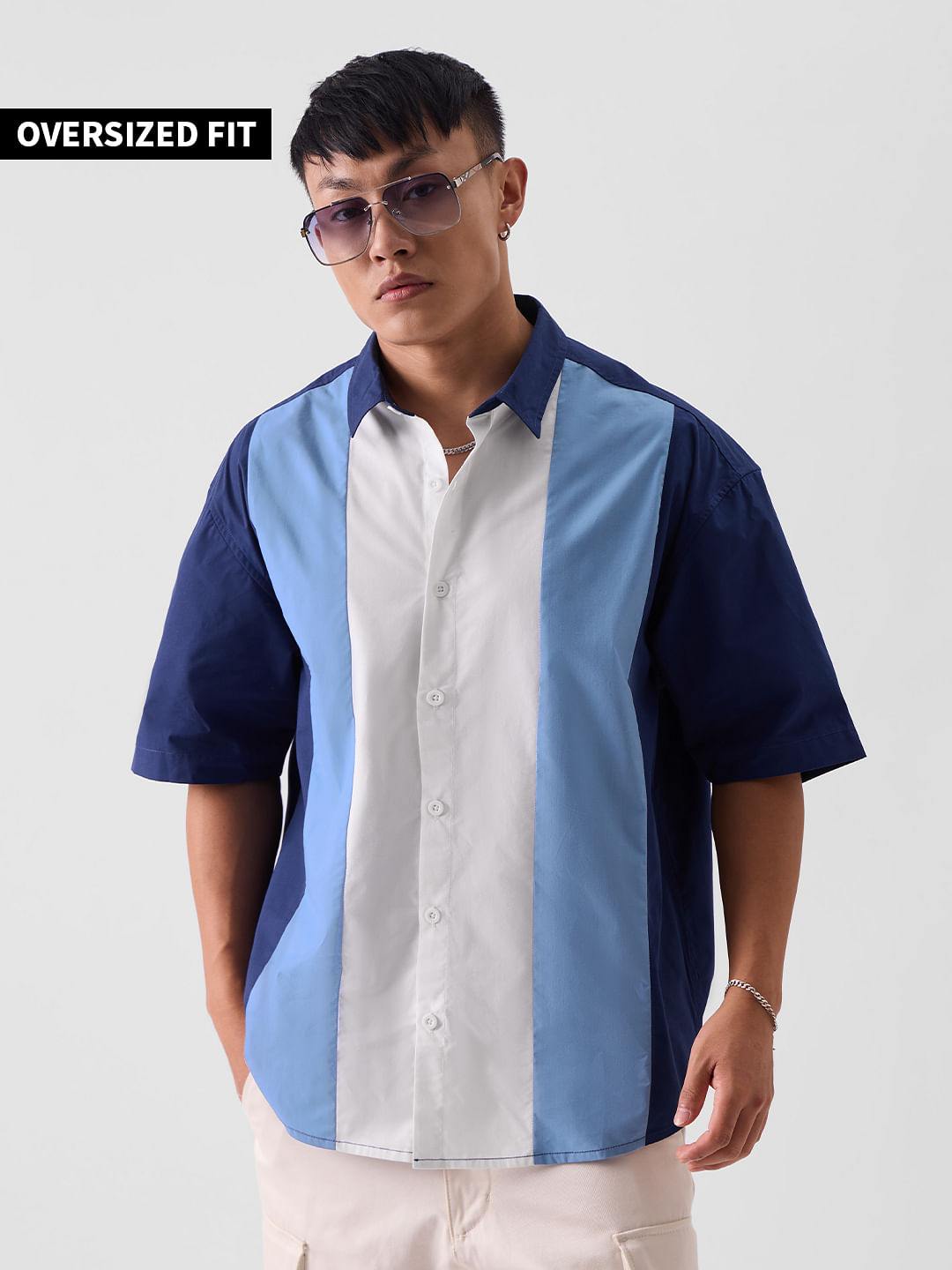 Buy Solids: Blue, White (Colourblock) Oversized Shirt Online