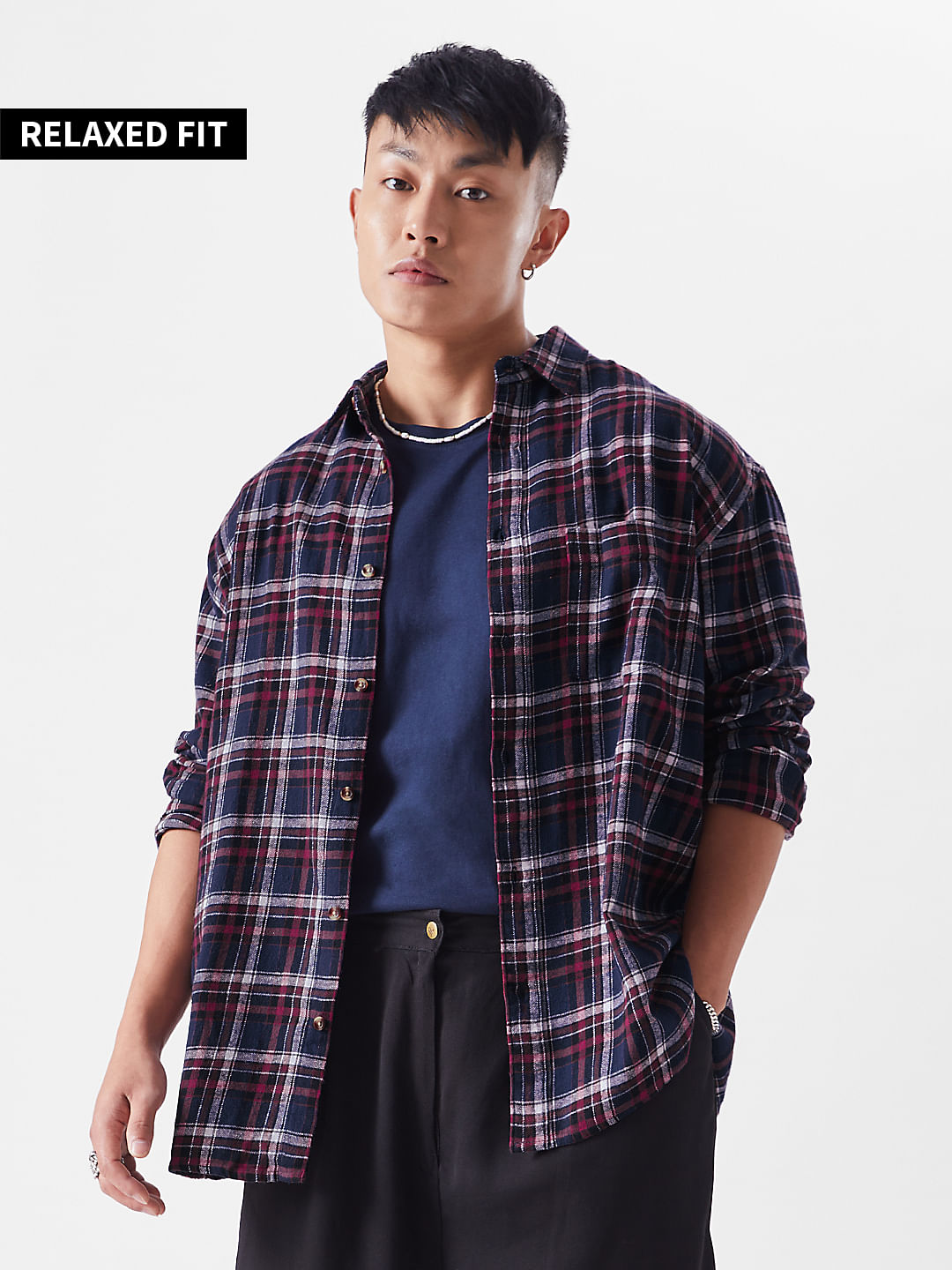 Buy Checks: Navy Blue Red and White Men Utility Shirt Online