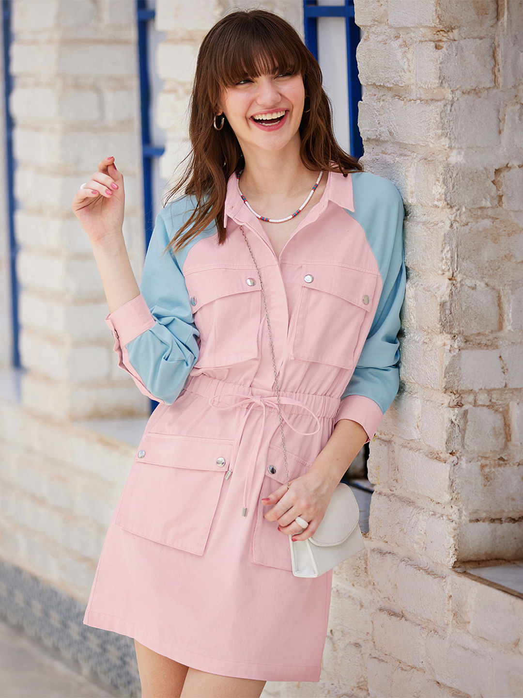 Buy TSS: Pink & Blue Women Shirt Dress Online