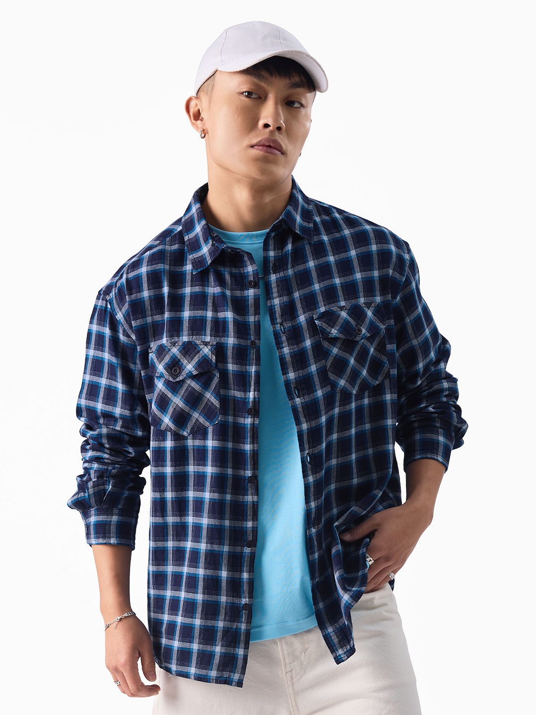 Buy Checks: Blue And White Men Relaxed Shirts Online