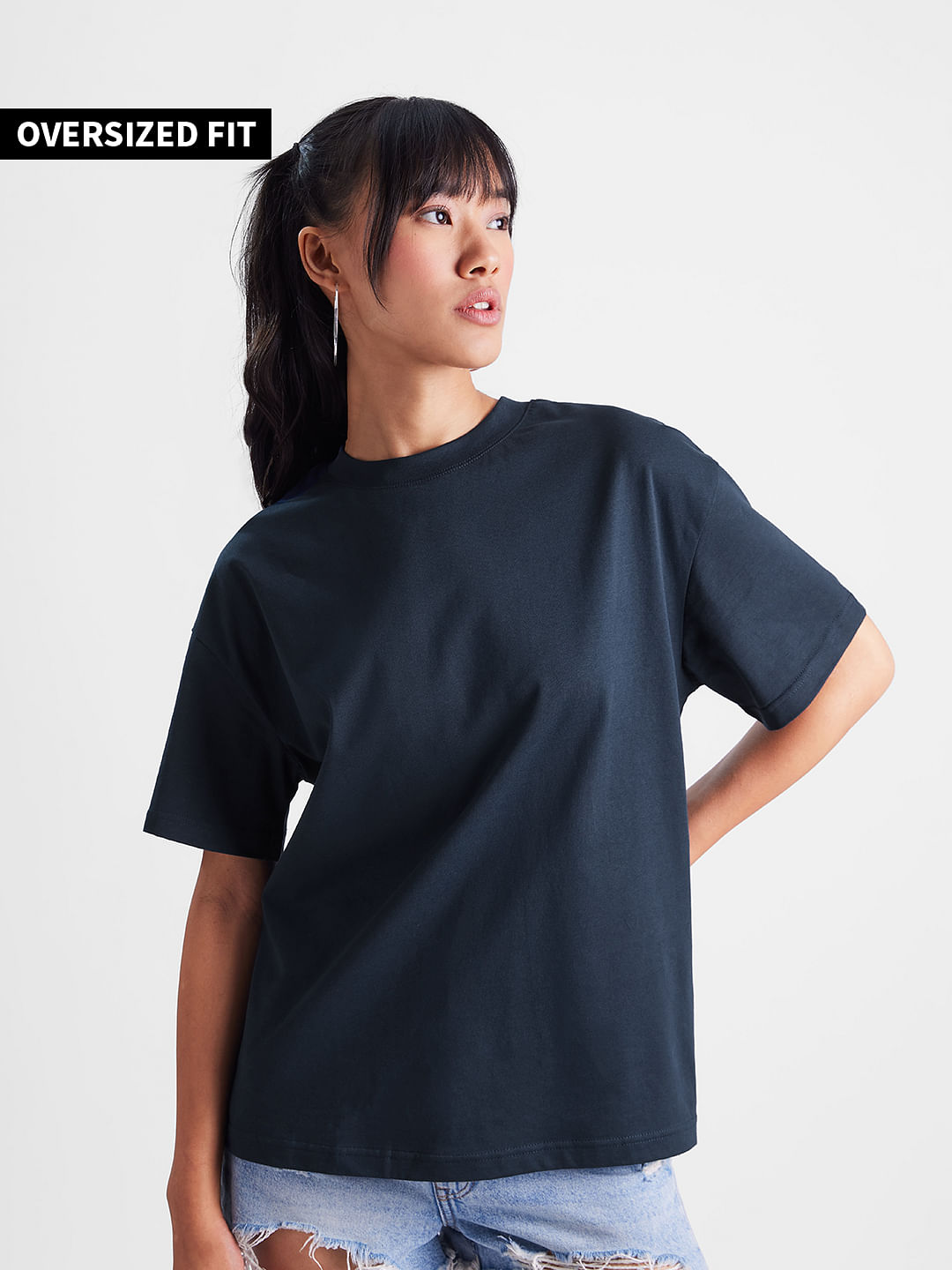 Buy Solids: Navy Blue Women Oversized T-Shirts Online